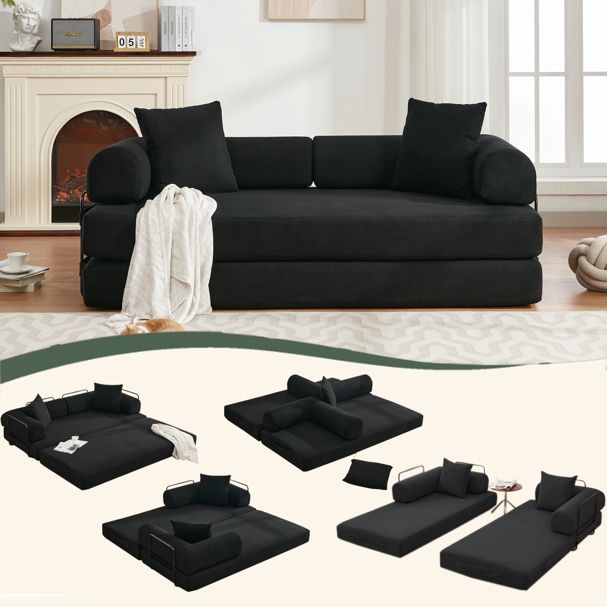 [NEW ARRIVED] [VIDEO PROVIDED] 78.5' Folding Convertible Out Sleeper Sofa Bed,4-in-1 DIY Combination Convertible Sofa,3 seat, Folding  Sofa, King Size , Bedroom,Apartment,Corduroy,Black