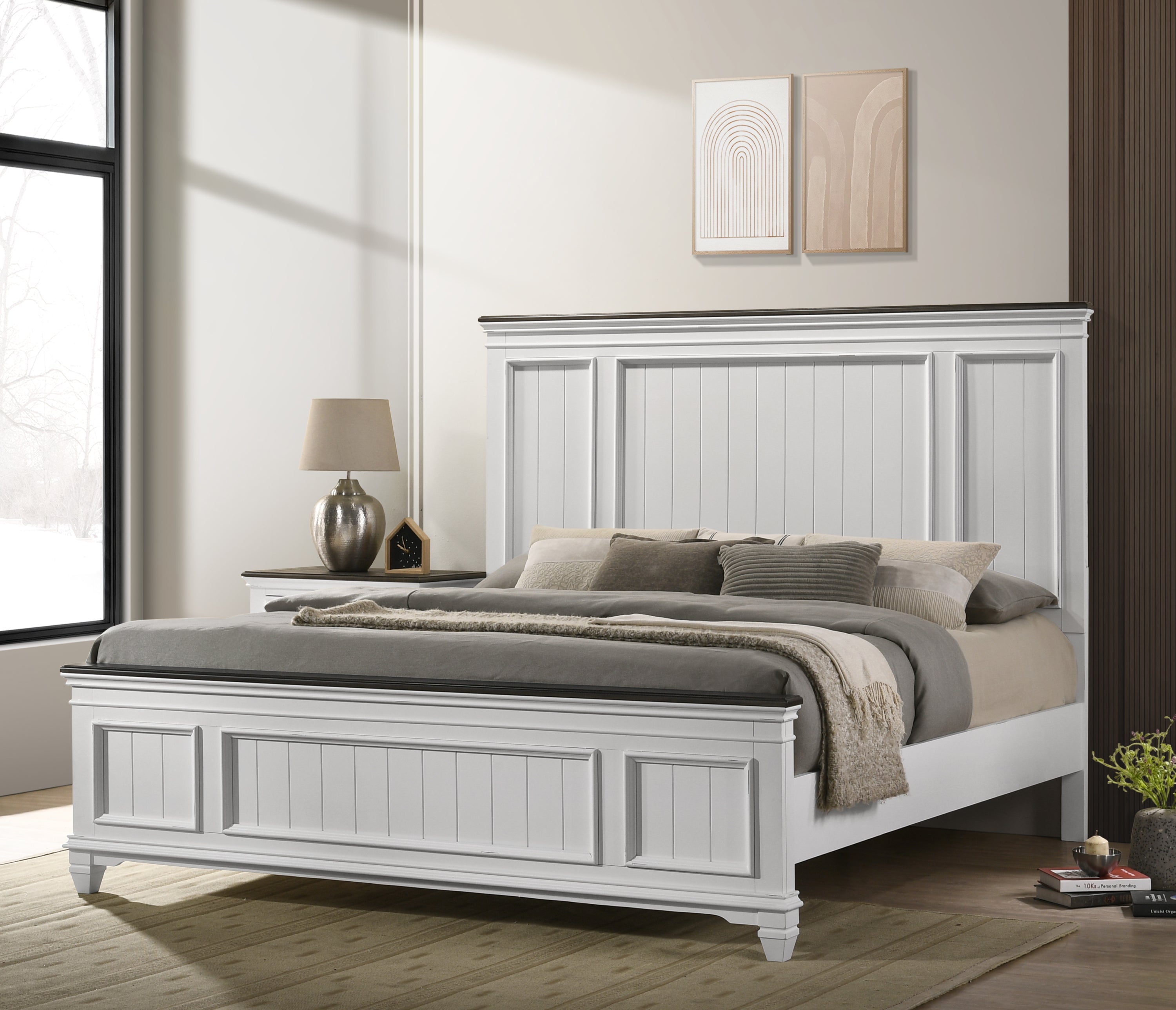 Clelane Wood Bedroom 6 piece Set with Shiplap Panel King Bed, Dresser, Mirror, Two Nightstands, and Chest