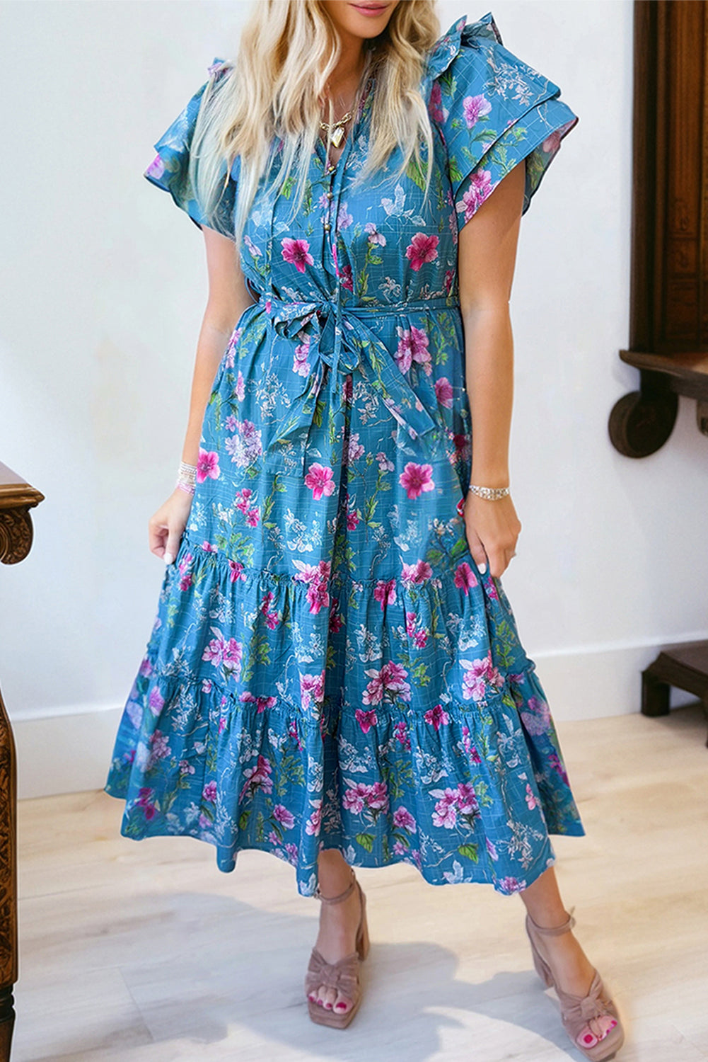 Floral Flutter Sleeve Tie Neck Belted Midi Dress