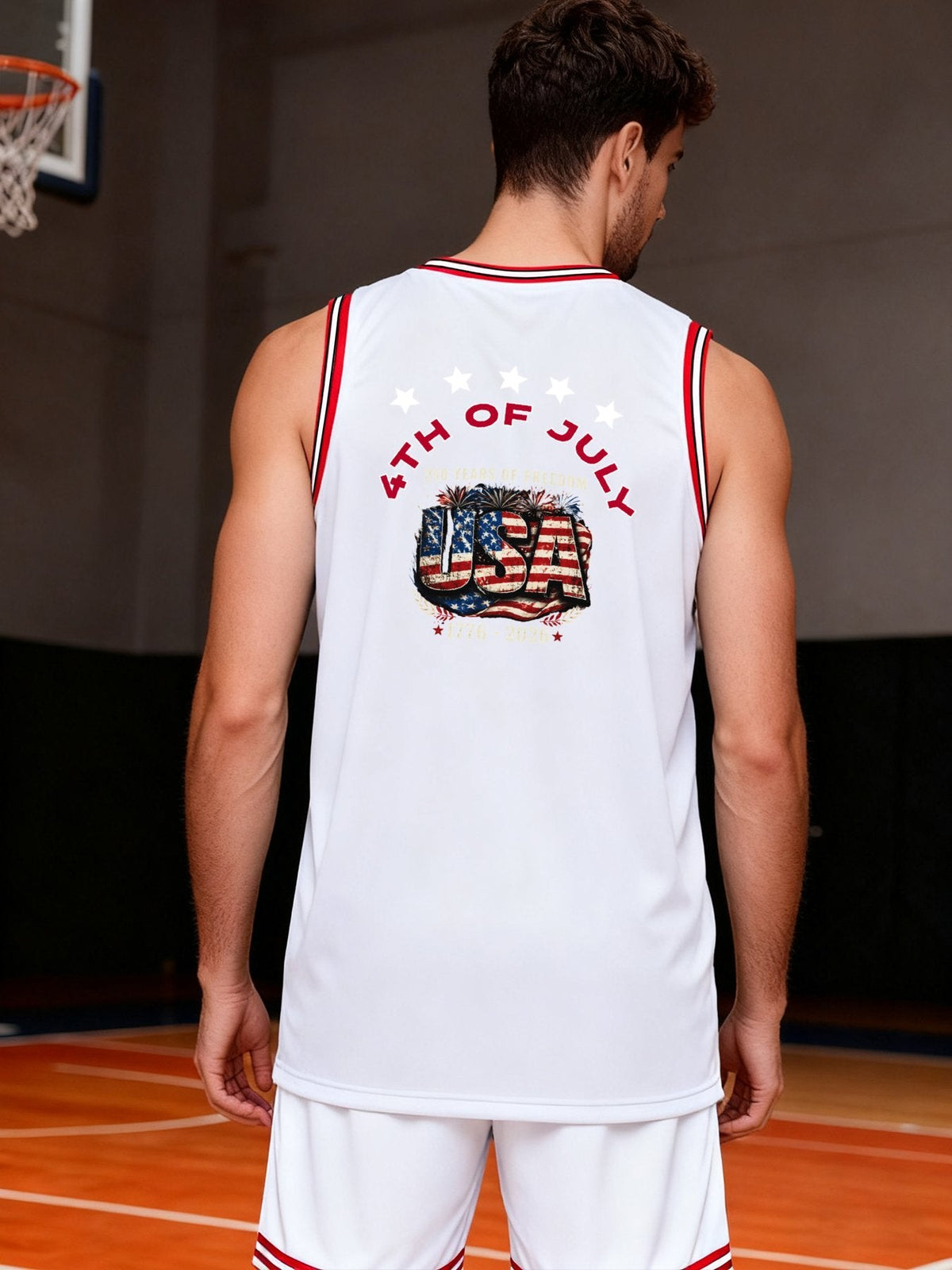 4th of July Adult White with Red Trim Basketball Uniform Top | Ships From USA