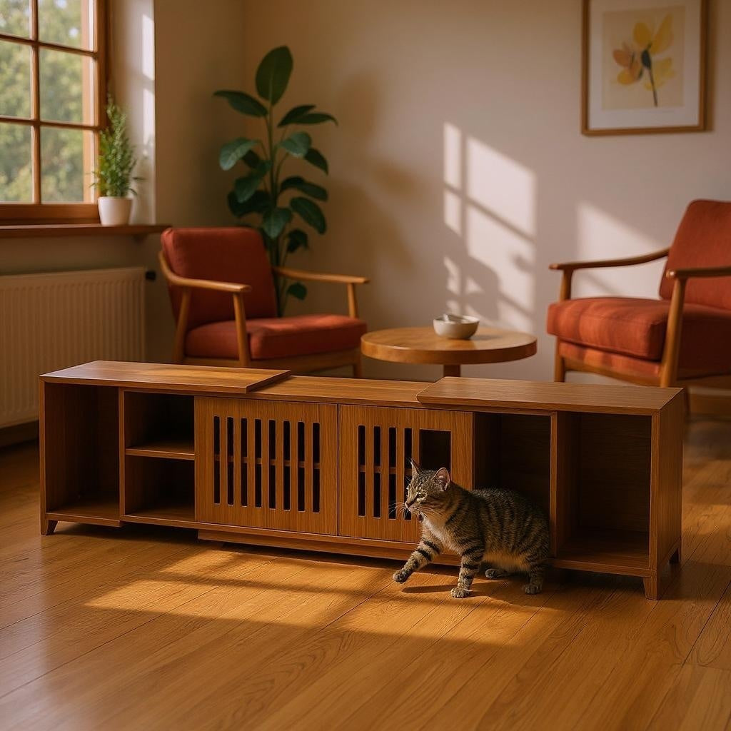 Mid-Century Modern 2 in 1 Cat Furniture, Cat House Litter Box Enclosure Walnut TV Stand With Extendable table, Sliding door. Wood TV Cabinet with Storage