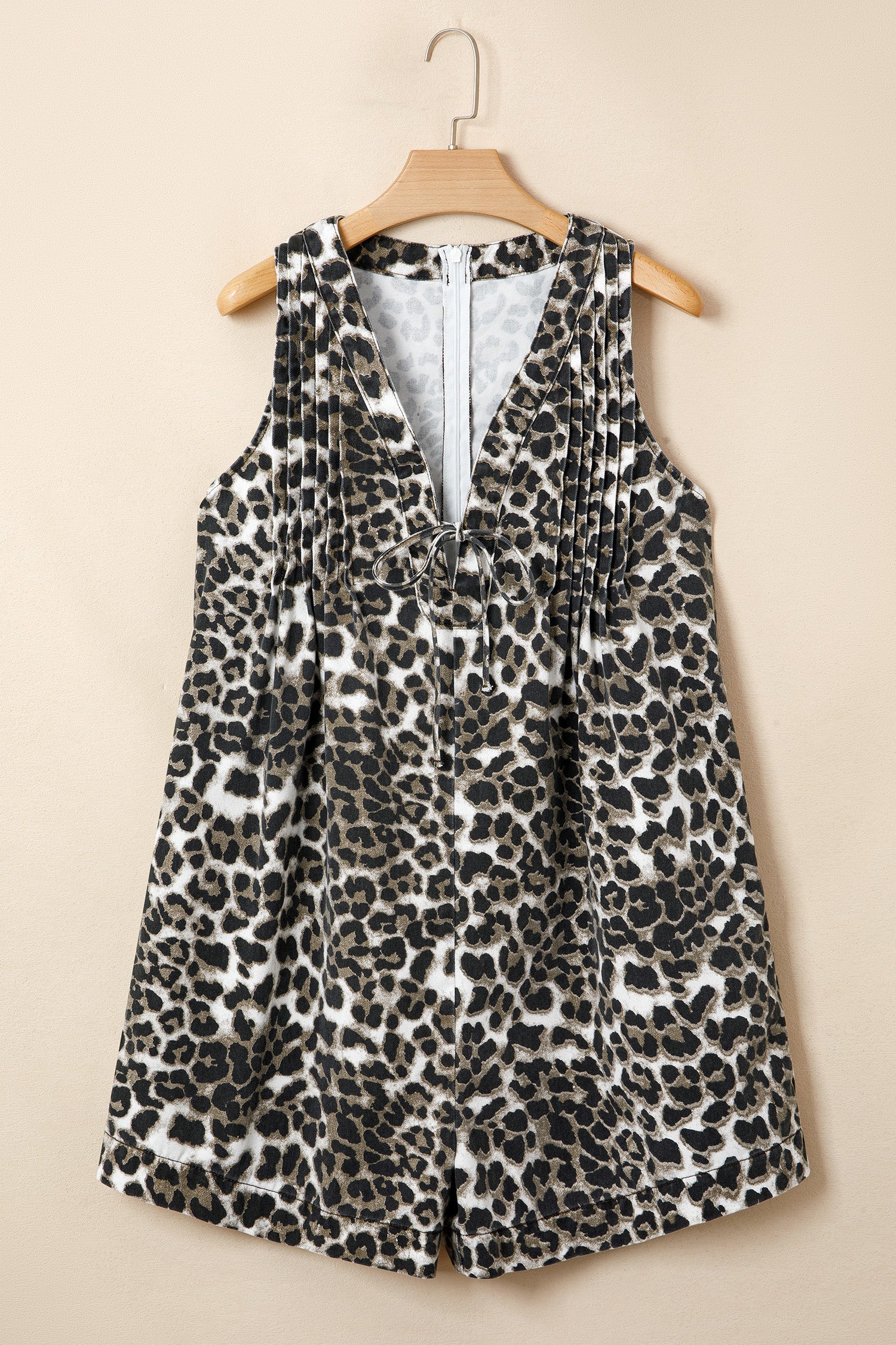 Leopard Denim Pleated Sleeveless Romper