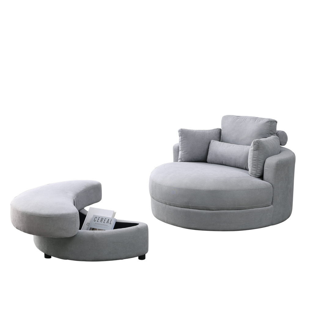 [Video] Welike Swivel Accent Barrel Modern Grey Sofa Lounge Club Big Round Chair with Storage Ottoman Linen Fabric for Living Room Hotel with Pillows