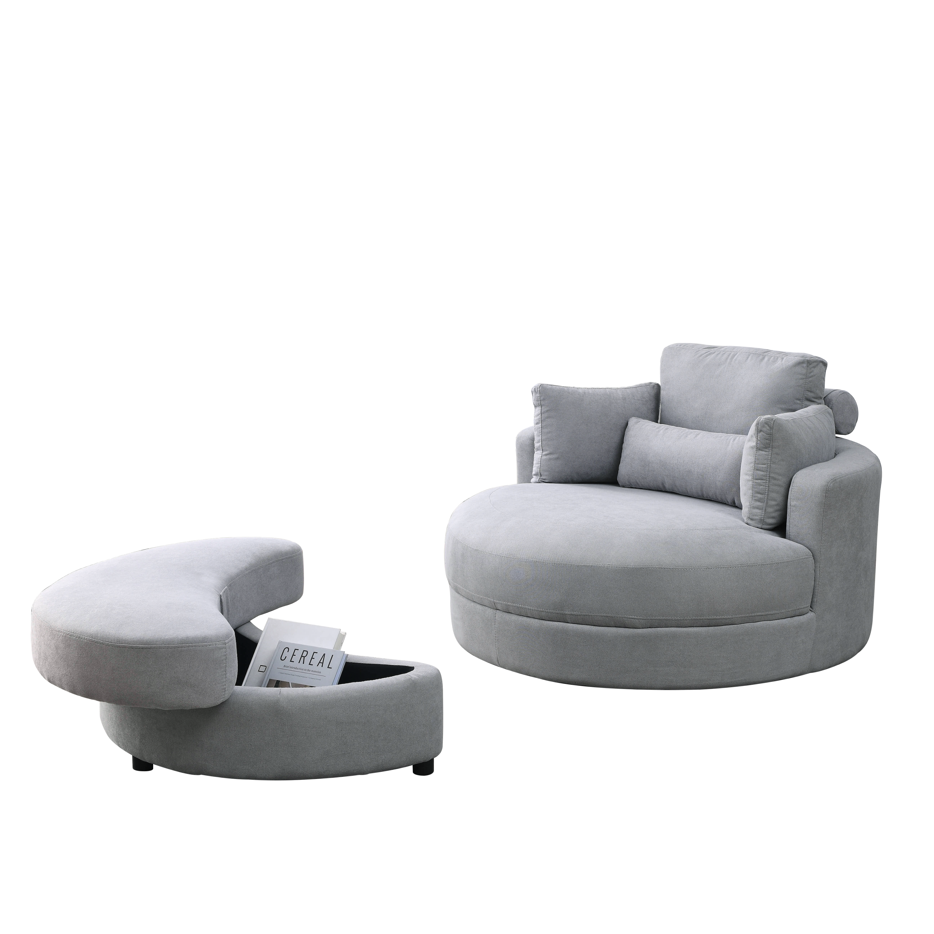 [Video] Welike Swivel Accent Barrel Modern Grey Sofa Lounge Club Big Round Chair with Storage Ottoman Linen Fabric for Living Room Hotel with Pillows