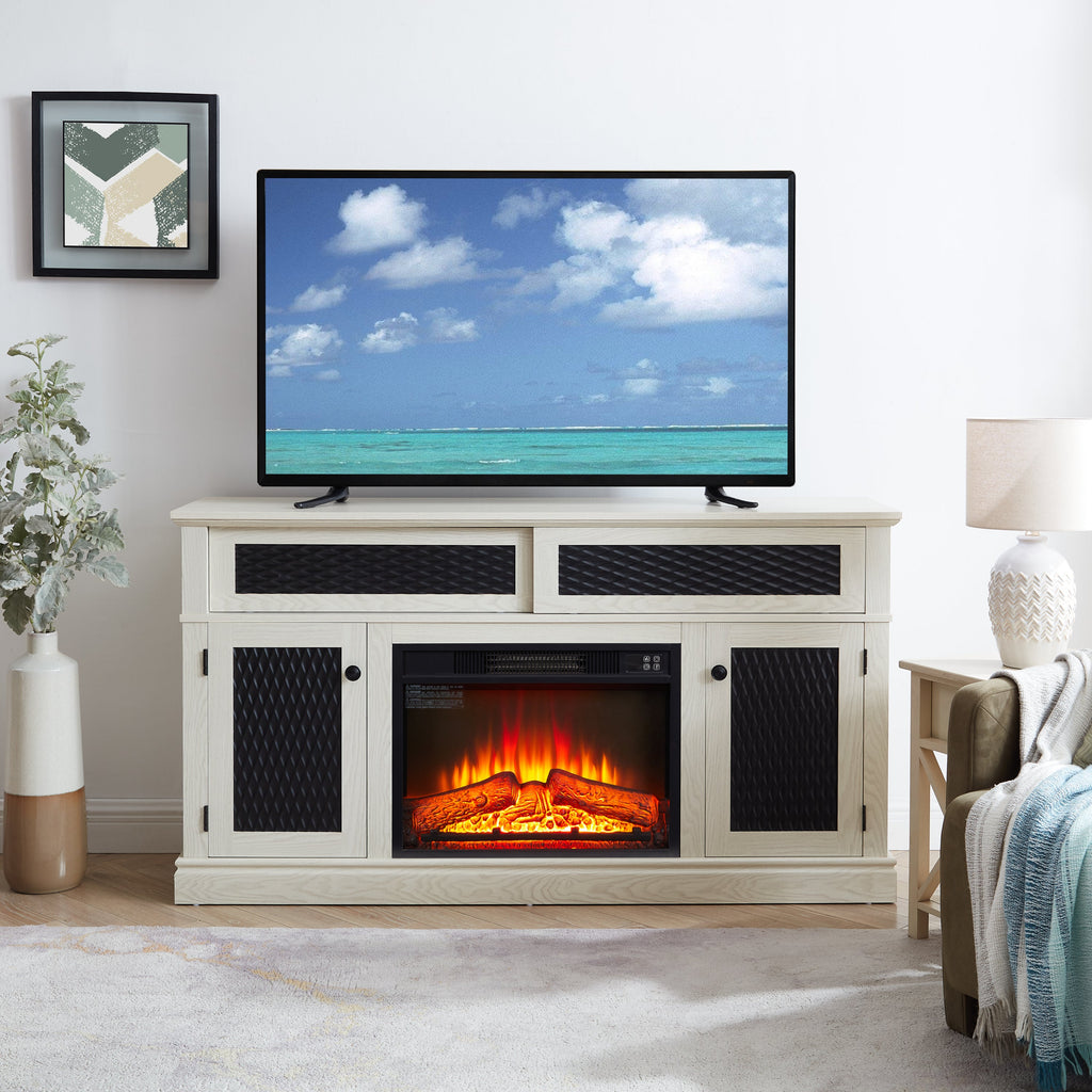 Embossed Pattern TV Stand with 23' fireplace insert,, TV and Media Console with Open and Closed Storage Space and sliding door for Living Room & Bedroom,White, 58.27'W*15.35'W*31.7H