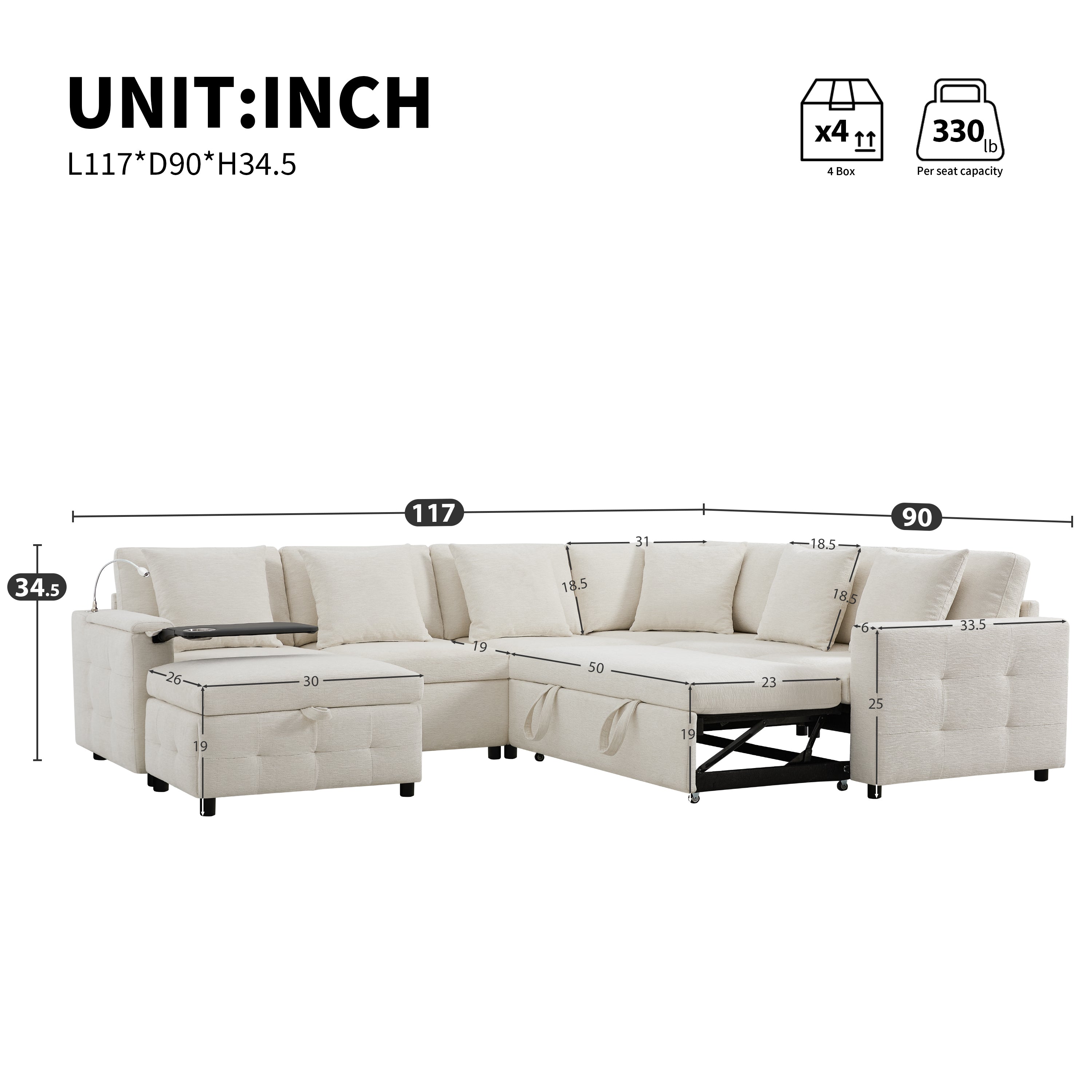117*90'' Modular Sectional Pull-out Sofa Bed with Flip-up Table Panel, Reading Lamp, Charging Ports, Storage Ottoman, Tufted Design, 6 Pillows, Oversize & Free Combination, Chenille, 2 colors