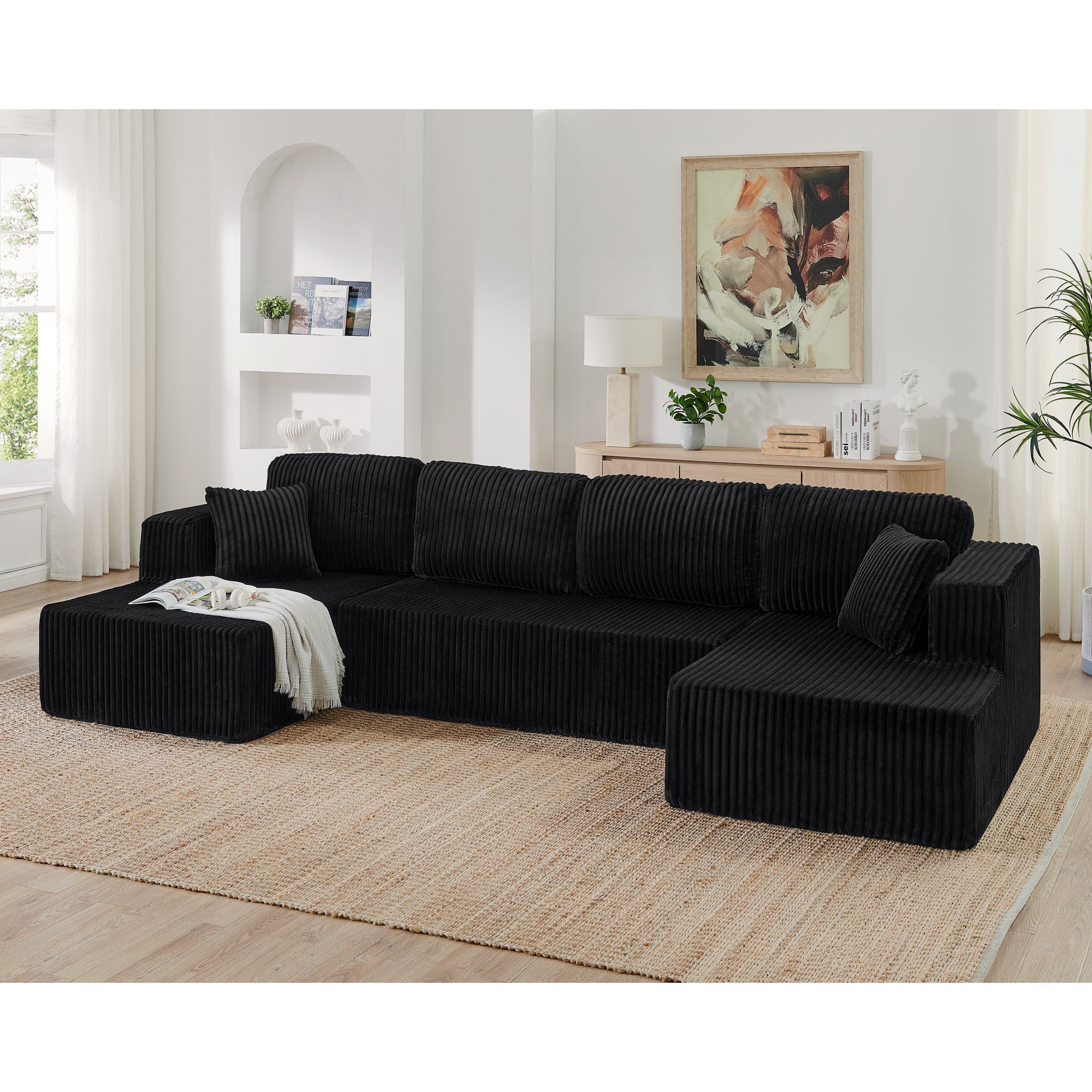Modern Minimalist U-Shape Modular Sectional Sofa Sleeper in Black Corduroy, Comfy Space-Efficient Design