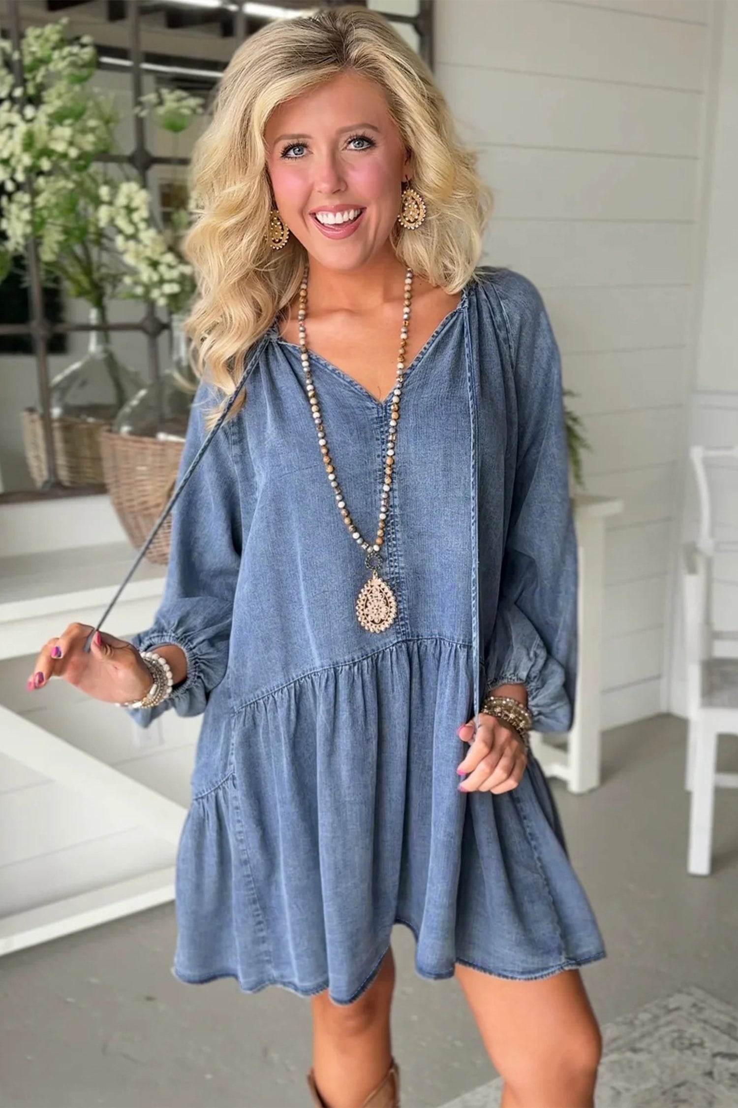 Denim Puff Sleeve Tie V-Neck Ruffle Dress