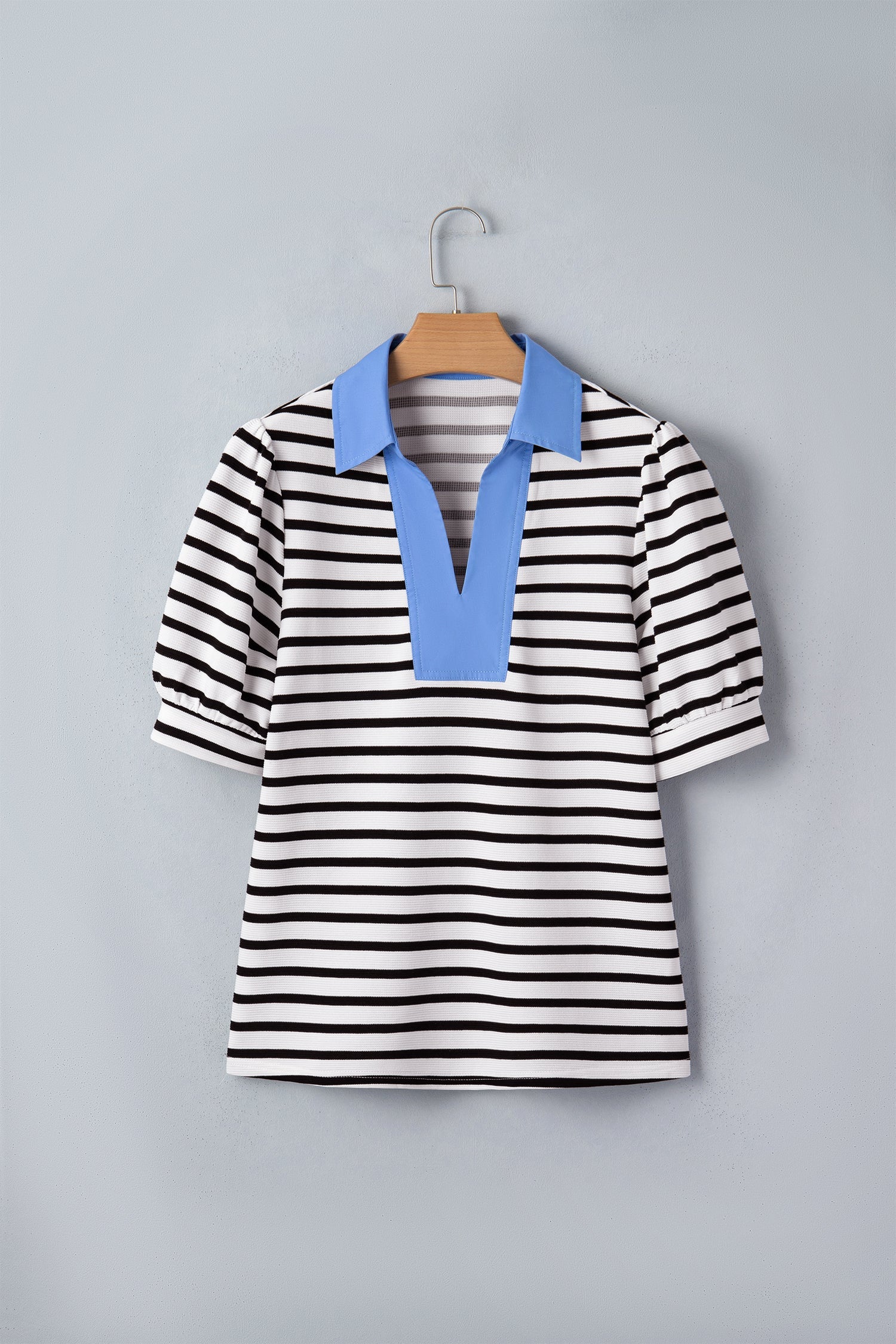 Stripe Colorblock Puff Sleeve Polo Collar Blouse