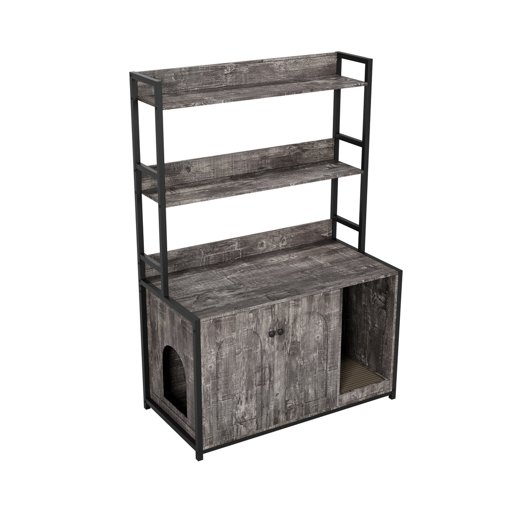 Large Cat Litter Box Enclosure With Shelf Storage, Hidden Cat Washroom Furniture, Wooden Cat House With Scratch Pad, Sturdy Indoor Cat Cabinet With 2 Doors(Grey)