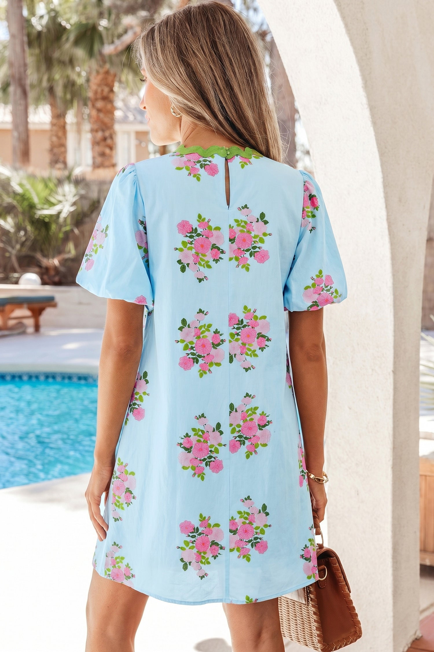 Floral Contrast Ricrac Trim Bubble Sleeve Dress