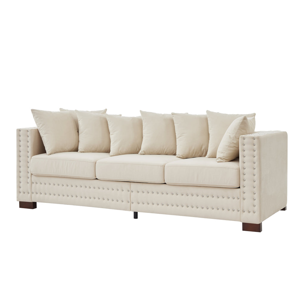 Modern Design Living Room Sofa Square armrest with Silver Nails Decoration Upholstered Velvet Couch Apricot