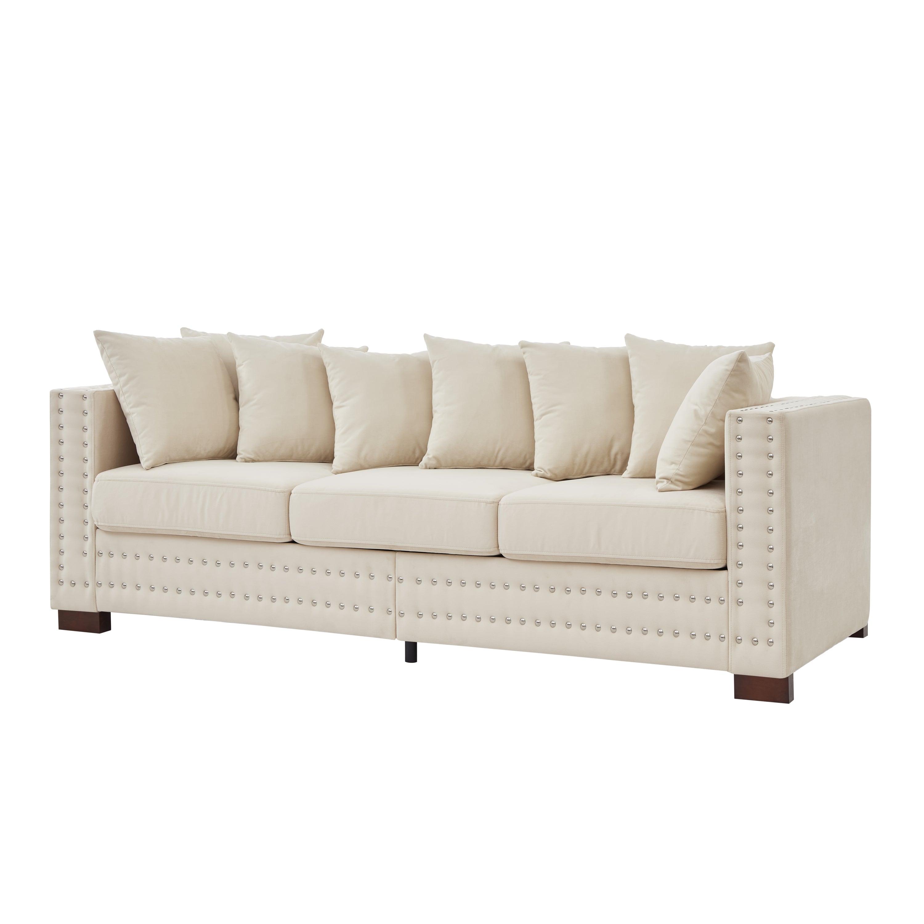 Modern Design Living Room Sofa Square armrest with Silver Nails Decoration Upholstered Velvet Couch Apricot