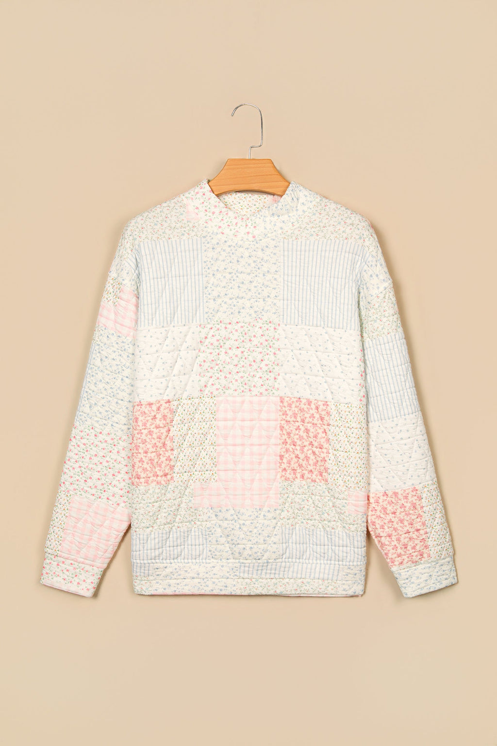 Floral Patchwork Quilted Mock Neck Long Sleeve Top