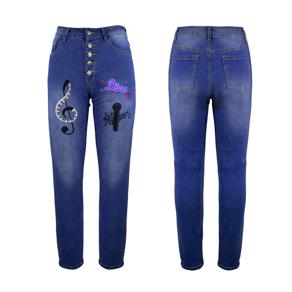 Women's Musical Diva Decorated Jeans with Front Printing