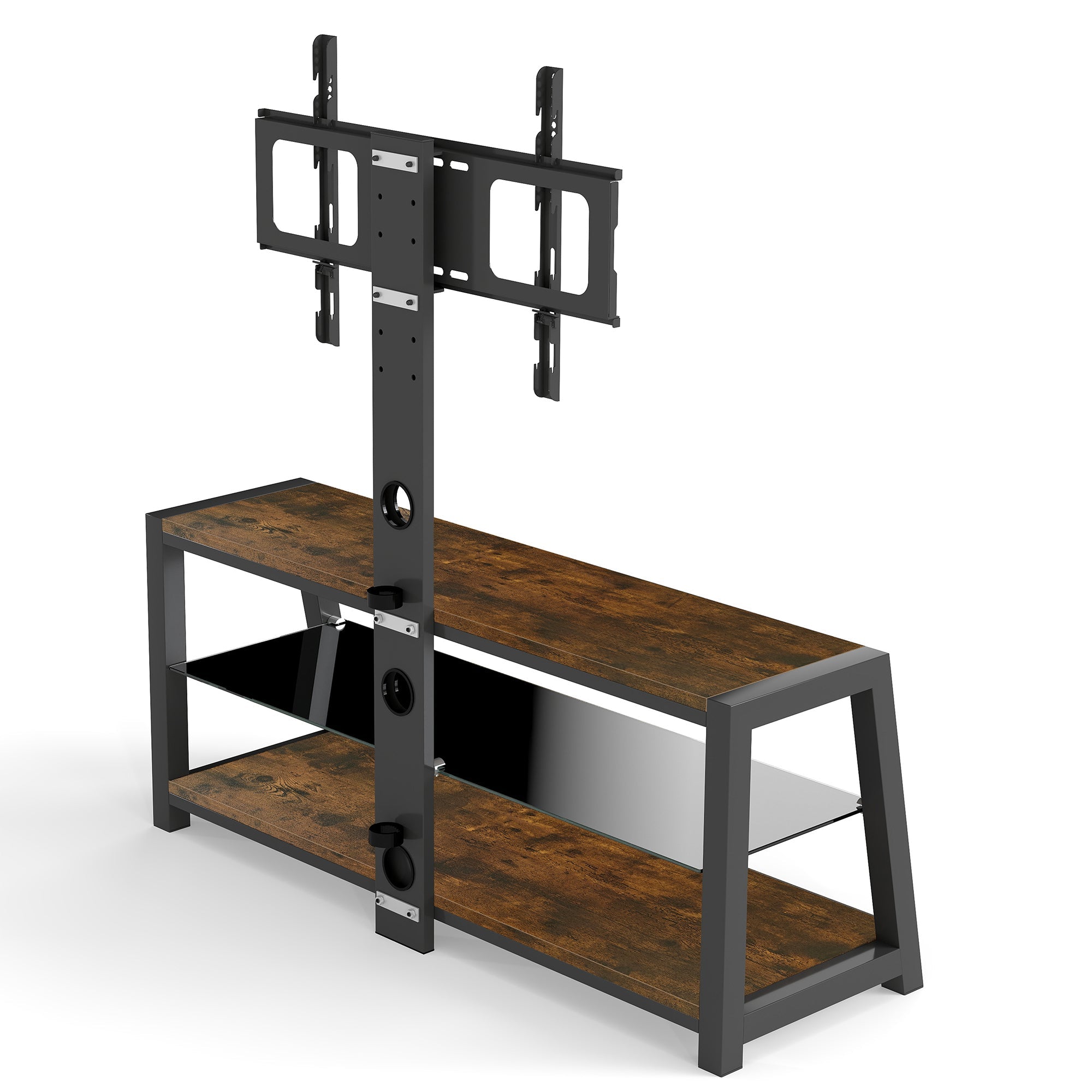 Wooden Storage TV Stand Black Tempered Glass Height Adjustable Universal Swivel Entertainment Center With Mount TV Stand, Rustic Browm
