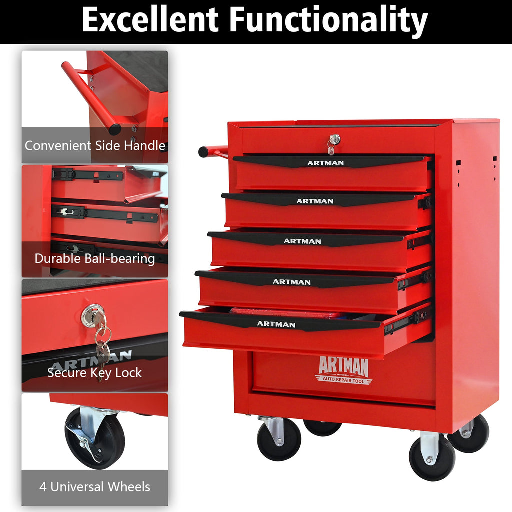 Rolling Metal Tool Chest with 6 Drawers, 20' Steel Storage Cabinet with Ball Bearing Slides, Red and Black Finish