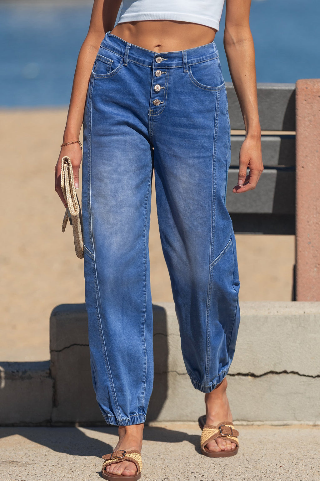 Denim Buttoned Fly Tapered Barrel Leg Jeans