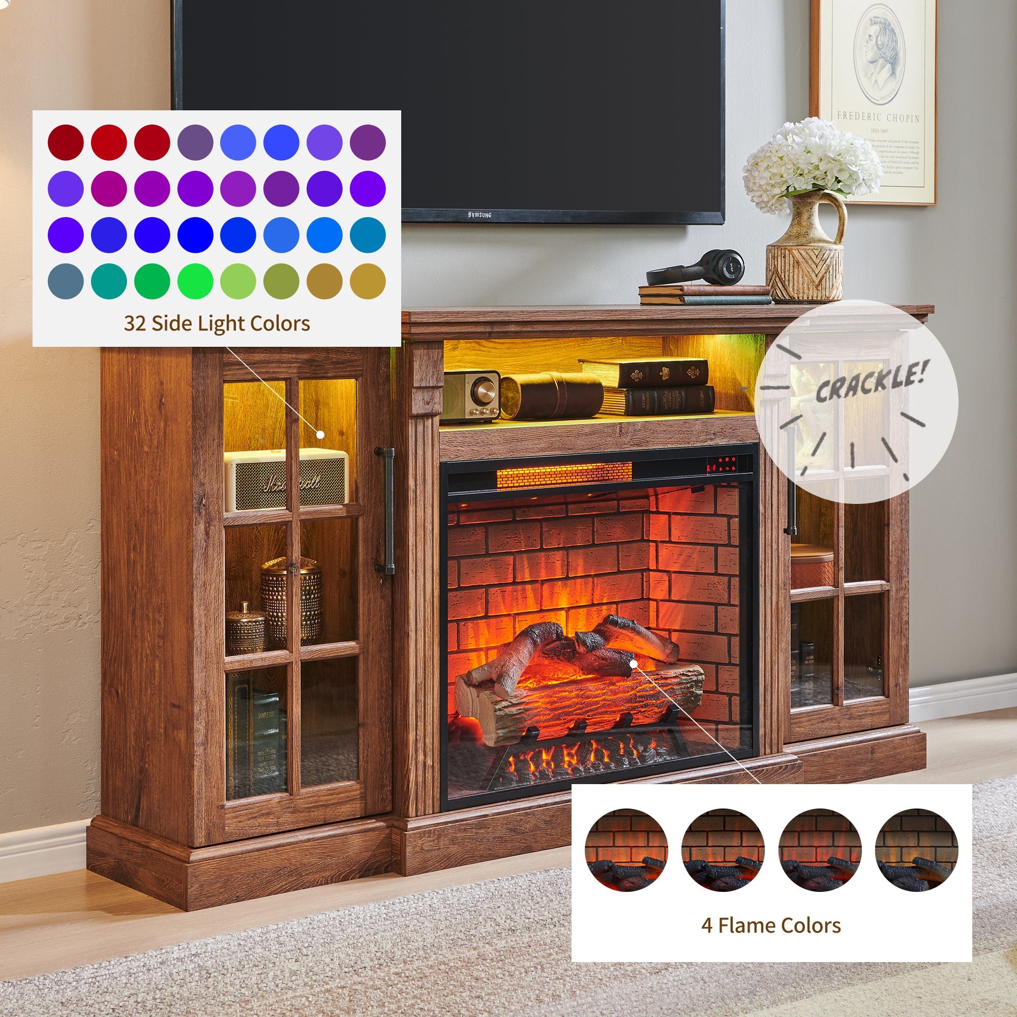 65' Fireplace TV Stand for TVs up to 75',with 28' Electric Fireplace and LED Light