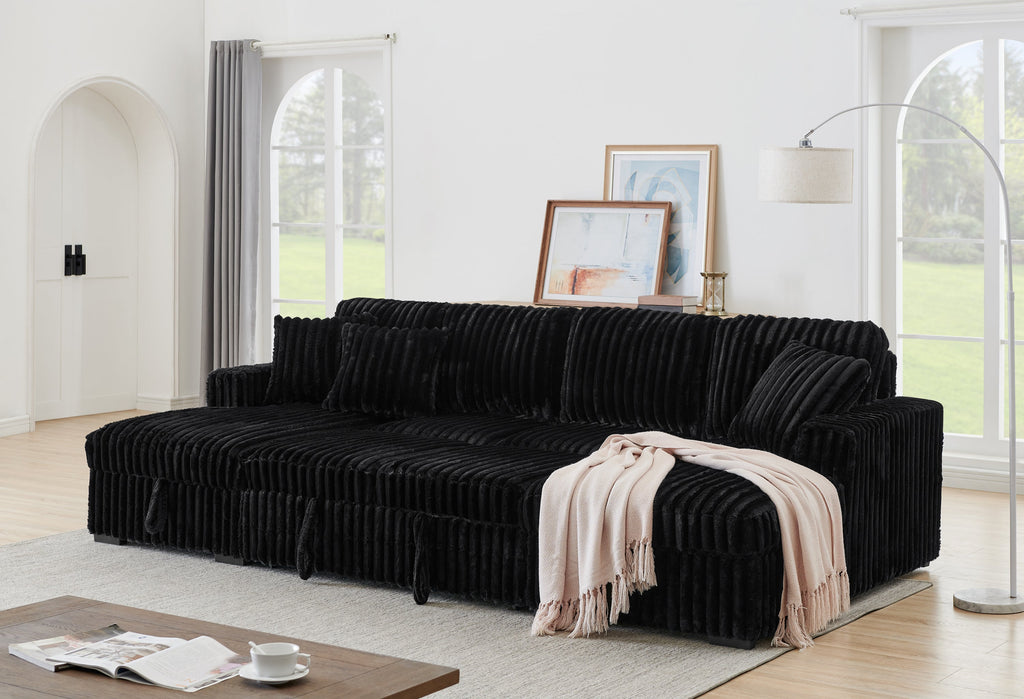 U Shaped Sleeper Sofa, 122 inch Overisze - 2 in 1 Pull Out Bed, Sectional Sleeper Sofa with Double Storage Chaise for Living Room, Rabbit plush Corduroy Fabric Couch, Black
