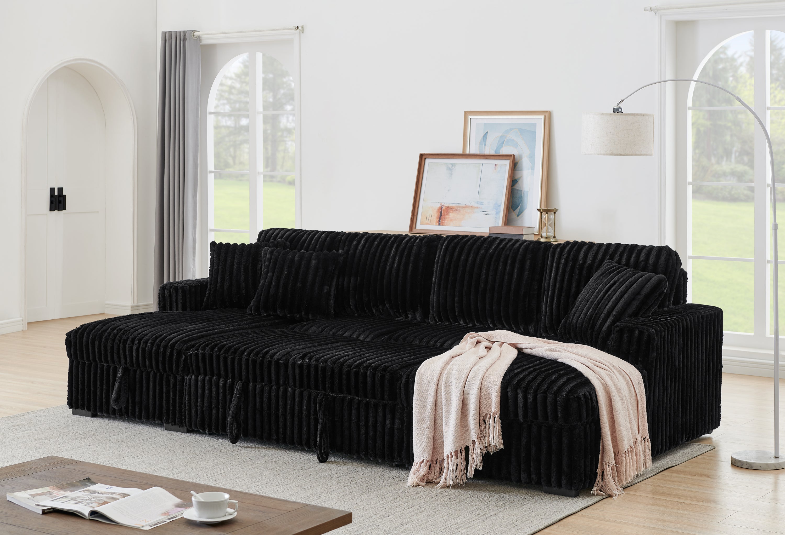 U Shaped Sleeper Sofa, 122 inch Overisze - 2 in 1 Pull Out Bed, Sectional Sleeper Sofa with Double Storage Chaise for Living Room, Rabbit plush Corduroy Fabric Couch, Black