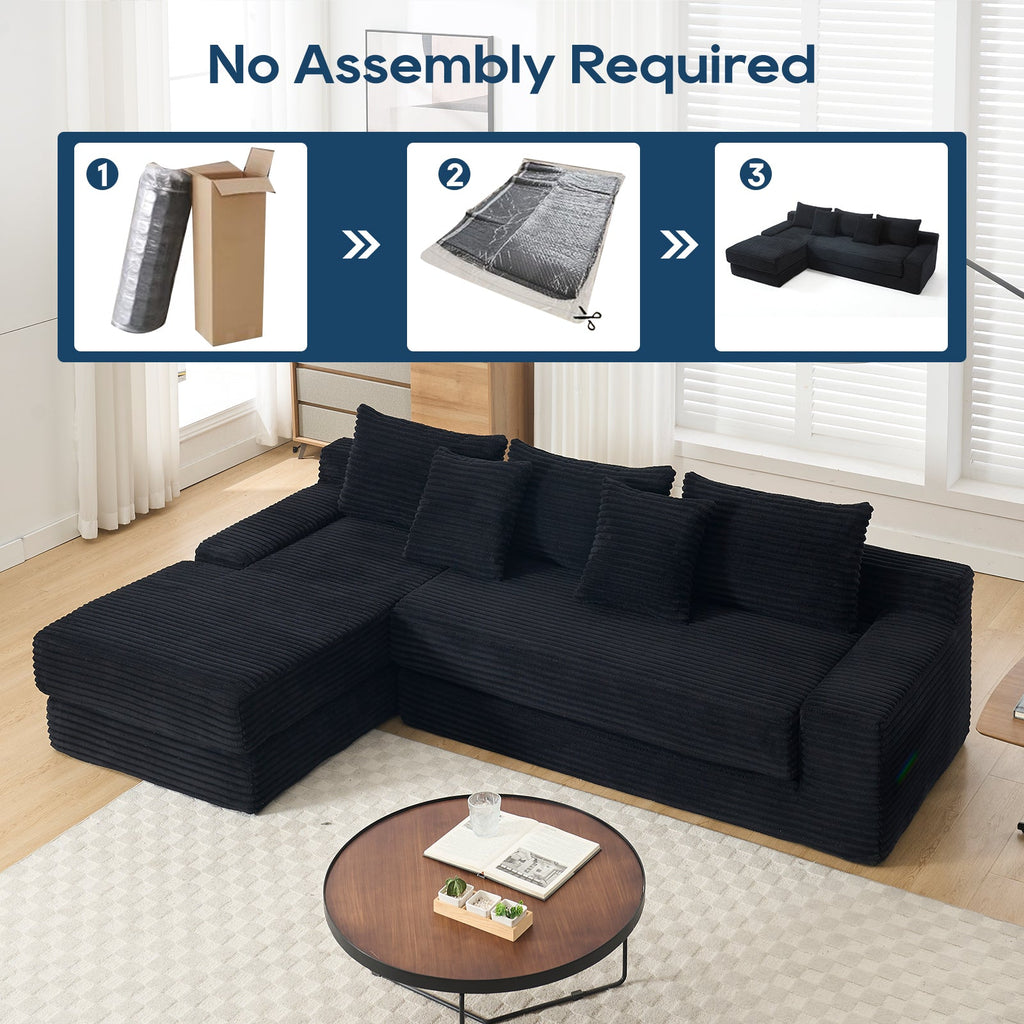 Modern L-Shaped Sectional Couch with Memory Foam and Steel Frame in Black Corduroy for Living Room