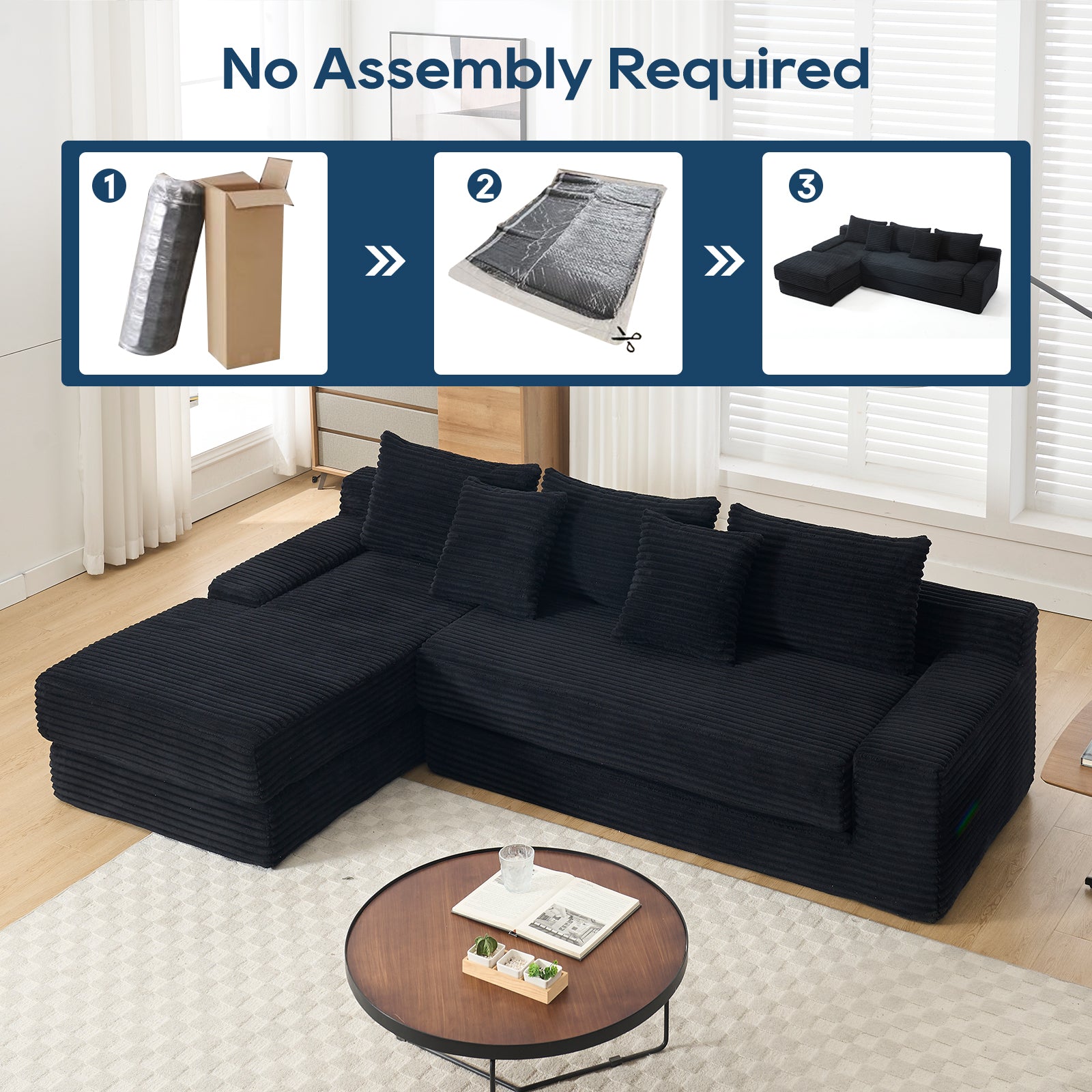 Modern L-Shaped Sectional Couch with Memory Foam and Steel Frame in Black Corduroy for Living Room