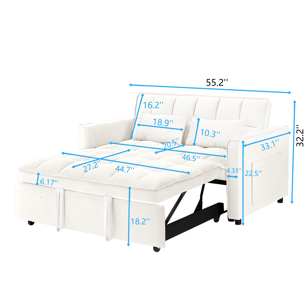 55.1-inch 3-in-1 convertible sofa bed, modern velvet double sofa Futon sofa bed with adjustable back, storage bag and pillow, for living room, bedroom (Off white)