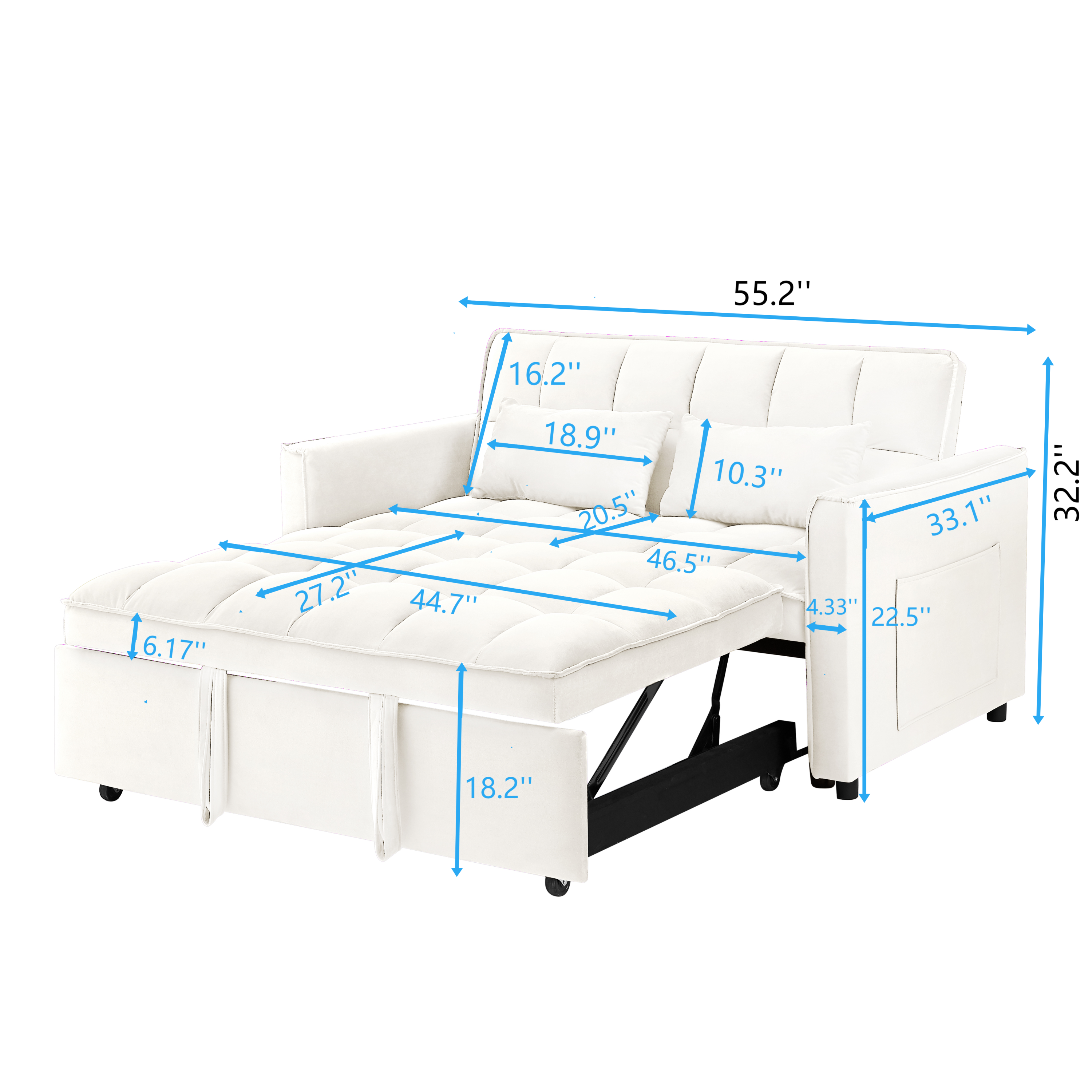 55.1-inch 3-in-1 convertible sofa bed, modern velvet double sofa Futon sofa bed with adjustable back, storage bag and pillow, for living room, bedroom (Off white)