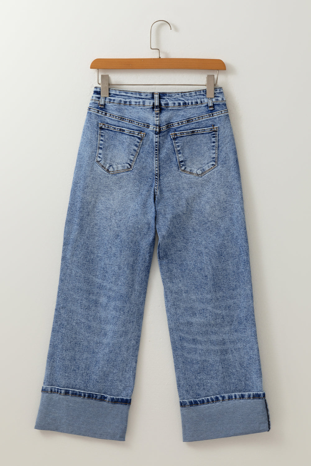 Denim Center Seam Cuffed Hem Straight High Waist Jeans