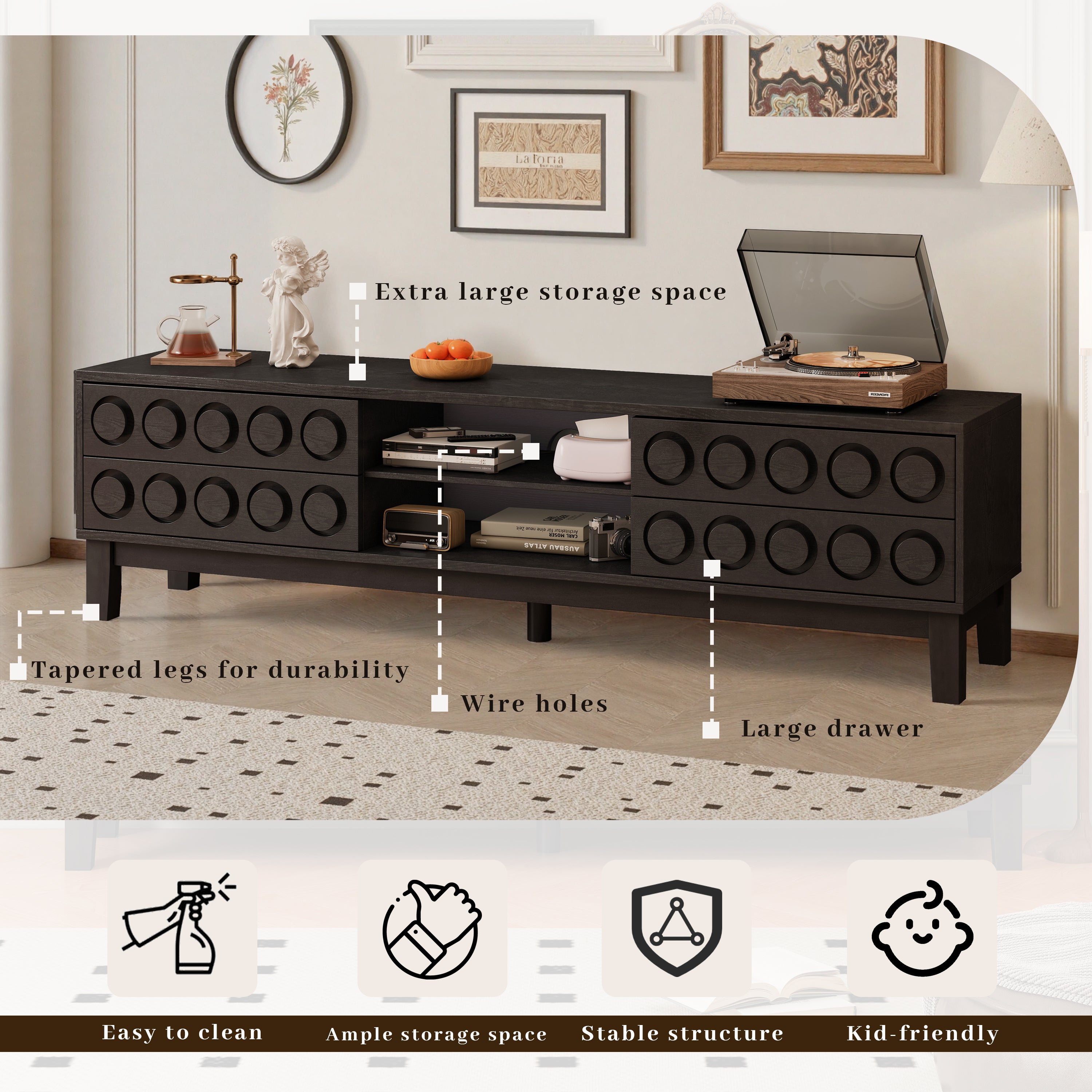 TV Stand for TVs up to 75', Media Console with 4 Drawers, Entertainment Center with Storage for Living Room and Bedroom(Black)