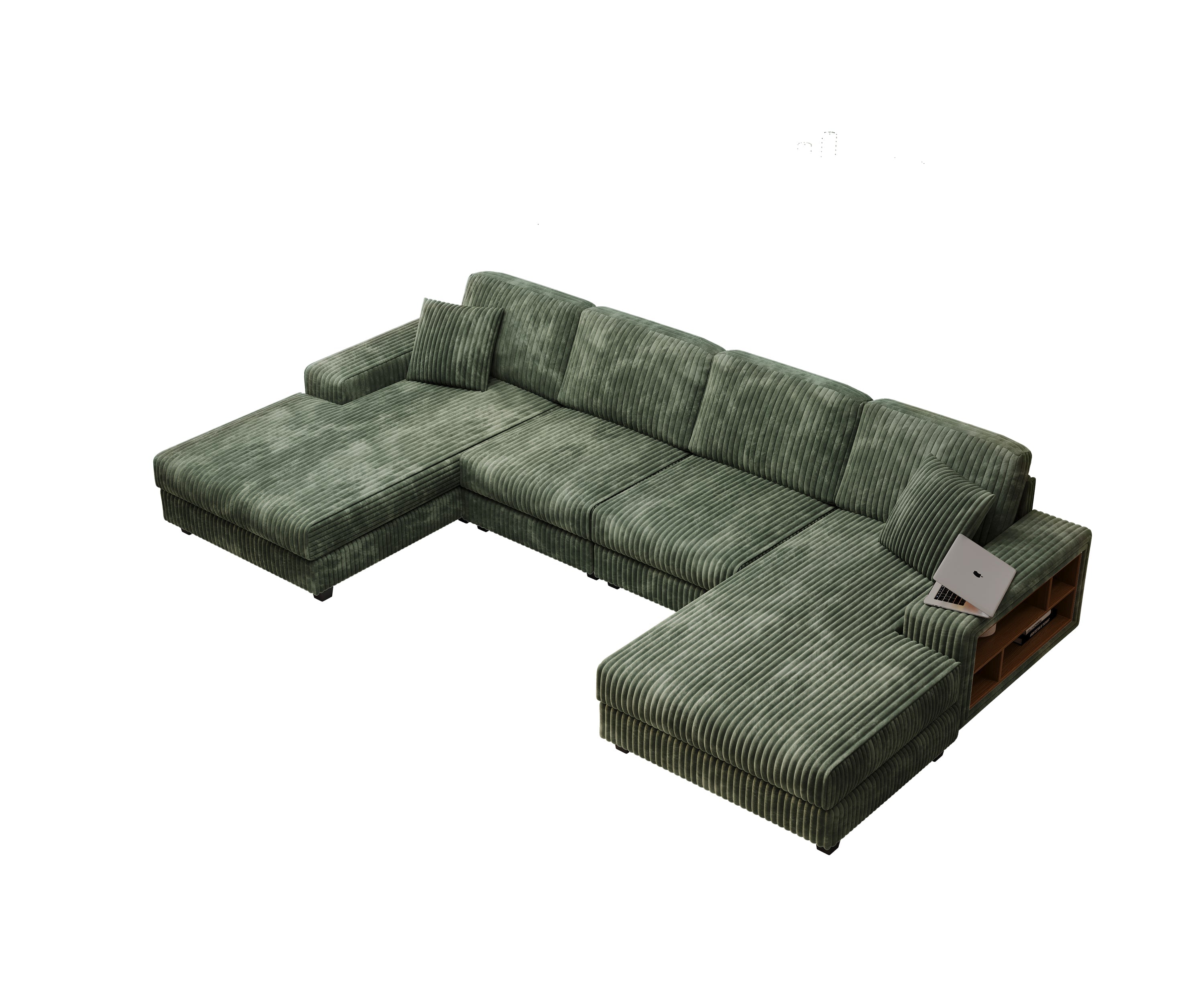 Convertible U-shaped Combination Sofa, Corduroy Fabric, Modern Comfortable Large Size 4 Seat Sofa, Living Room Double Lounge Chair ,Green