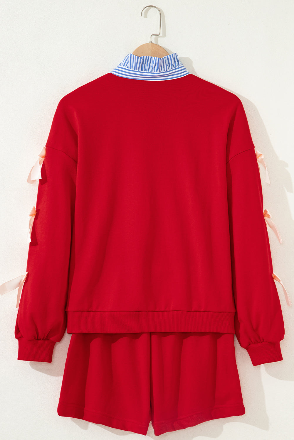 Stripe Collar Bow Tie Sweatshirt and Shorts Set