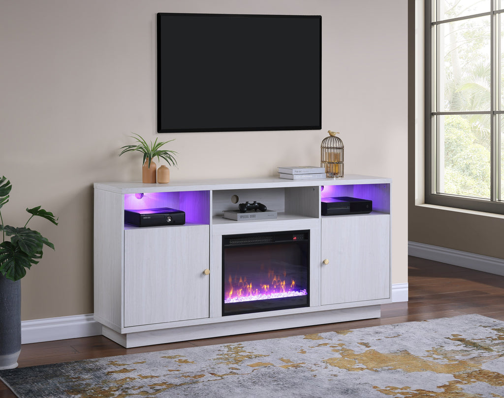 Ambrose 70'W White Walnut Finish Fireplace Console TV Stand with Heater, LED Light, Cabinets, Shelves