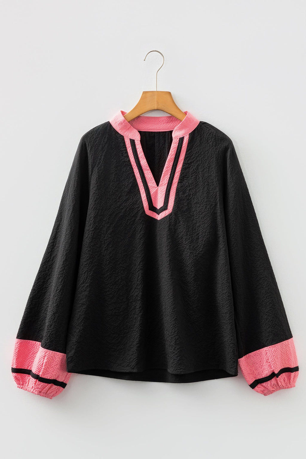 Colorblock V-Neck Textured Long Sleeve Blouse