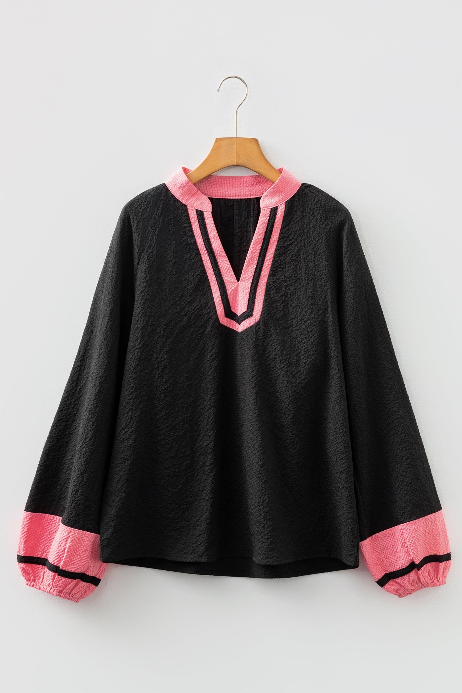 Colorblock V-Neck Textured Long Sleeve Blouse