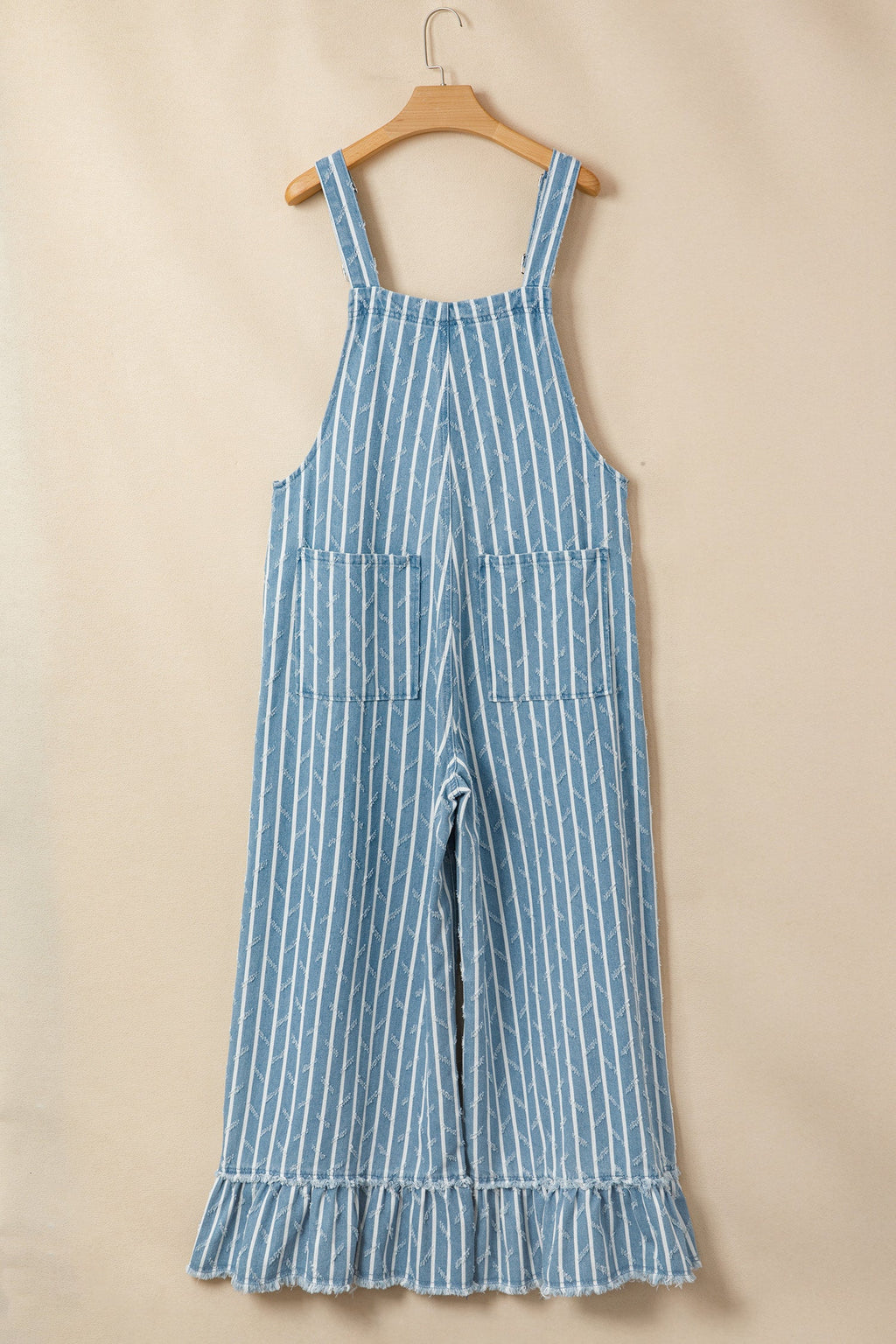 Stripe Distressed Denim Ruffle Wide Leg Overalls