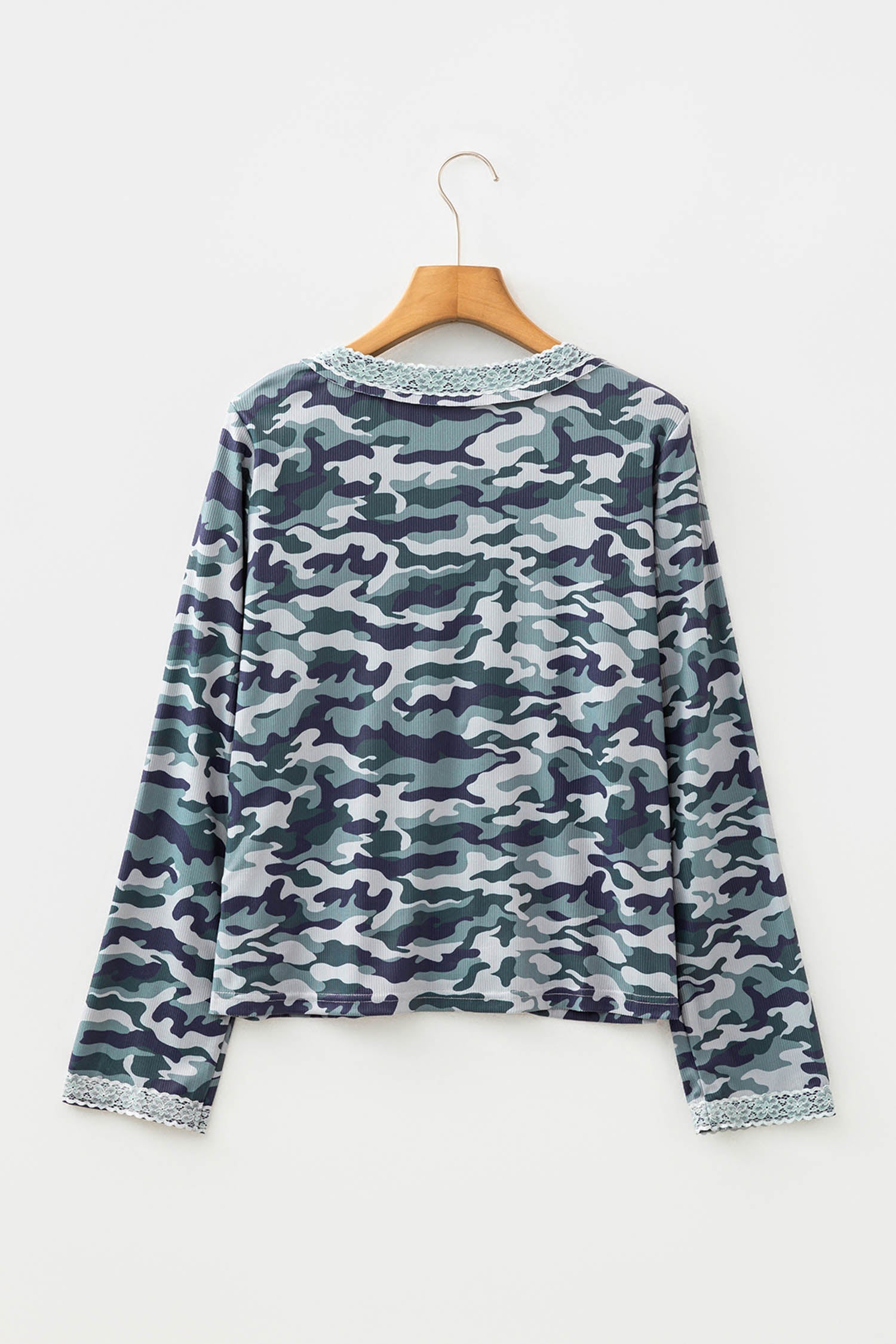 Camo Lace Patchwork Buttoned Long Sleeve Top