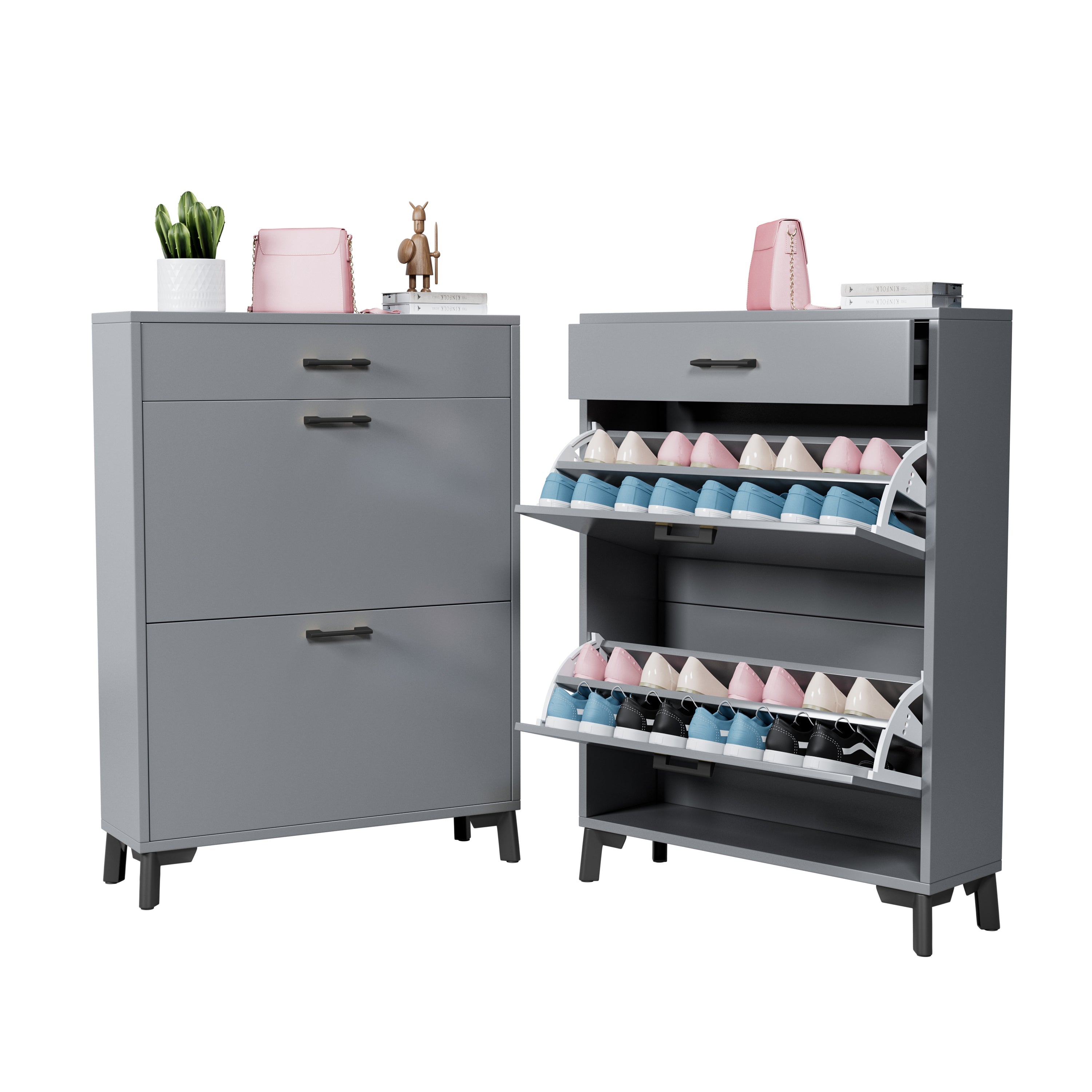 Shoe Storage Cabinet for Entryway, Free Standing Shoe Organizer with 2 Flip Drawers, Hidden Shoe Rack Storage Organizer for Doorway Hallway Closet, Gray
