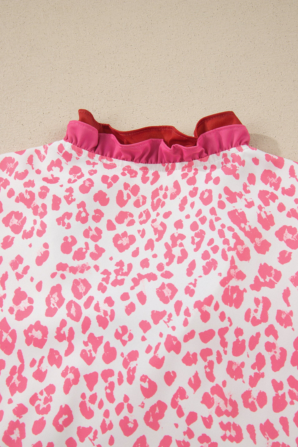 Leopard Ruffle Trim V-Neck Short Sleeve Blouse