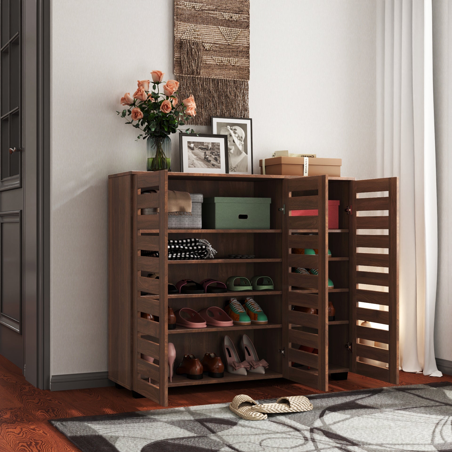 Shoe Cabinet, 5-Tier Shoe Storage Cabinet with Adjustable Shelves, Wooden Shoe Rack Organizer with Louvered Doors for Entryway, Hallway, Bedroom, Closet, Living Room