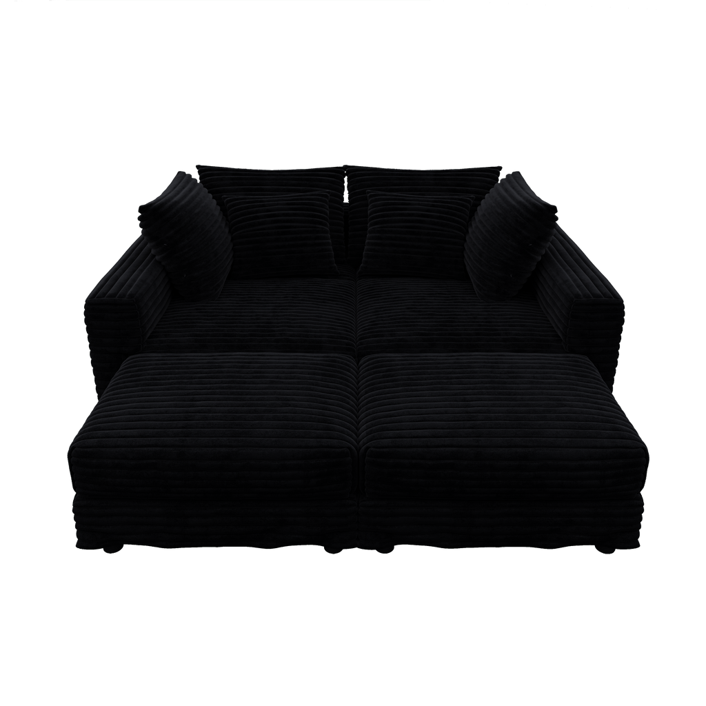 104.3 ' Plush Corduroy 4-Seat Sofa, Modern Comfy Upholstered Sofa Cloud Couch, Deep Seat Couches with Soft Pillows and 2 Ottomans, Convertible Sofa Lounge Chair, for Living Room,Apartment,Office,Black