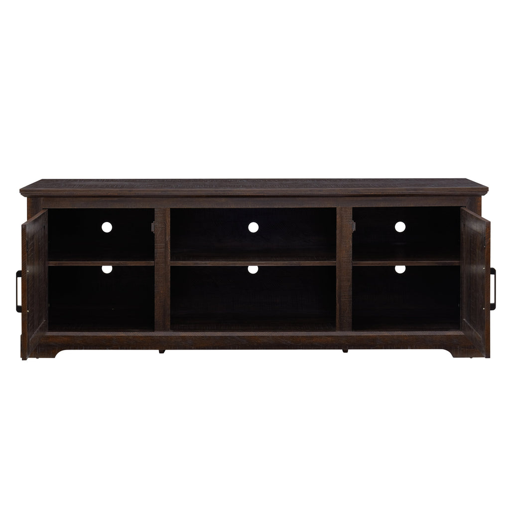 Farmhouse Rattan TV Stand Console Table for TVs up to 70 Inches, TV Console Table with 2 Storage Shelves, 2 Natural Rattan Door Cabinets, 65'W*15.55'D*23.86'H, Espresso