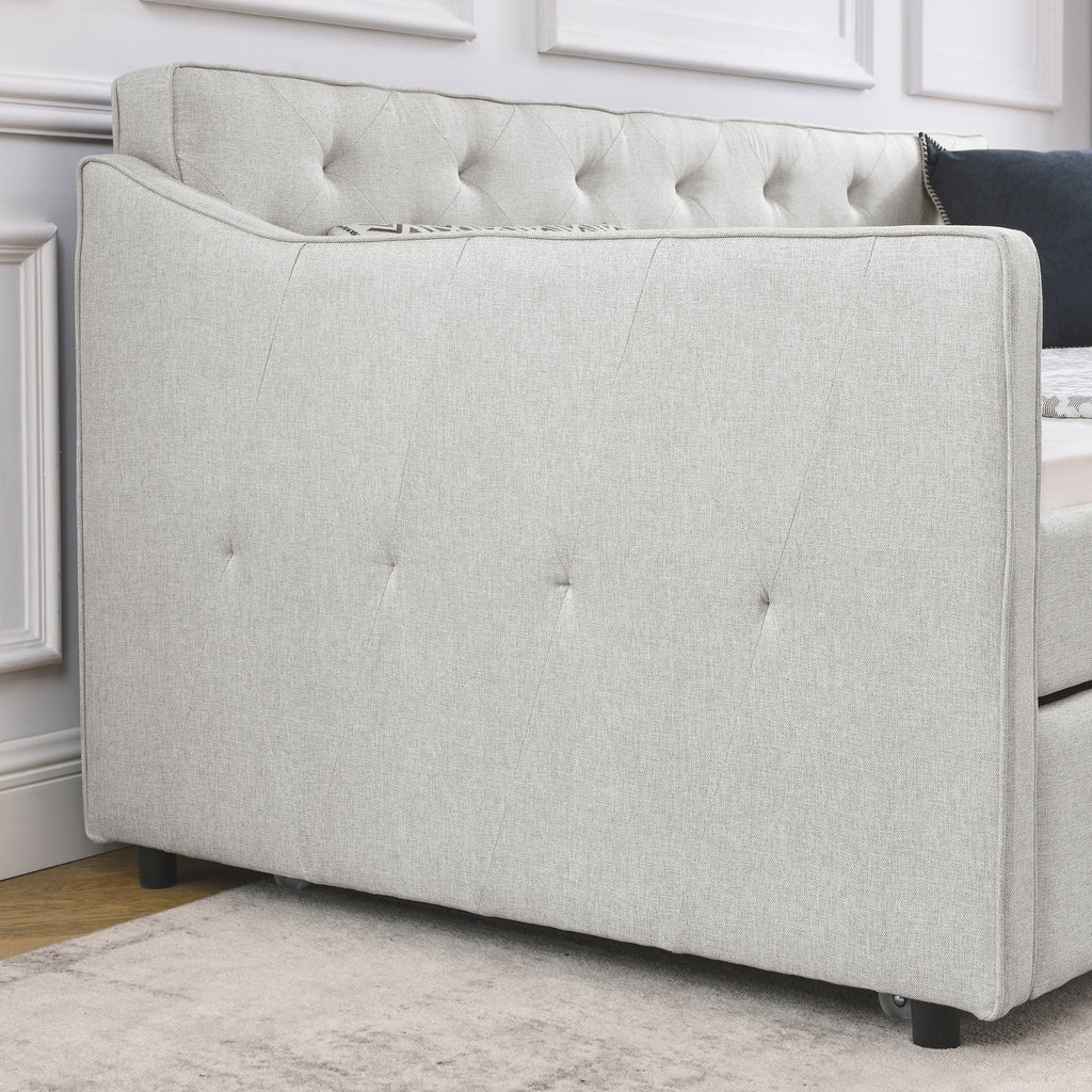 Twin Size Daybed with Twin Size Trundle Upholstered Tufted Sofa Bed,  Waved Shape Arms, Beige (80.5'x44.5'x33.5')