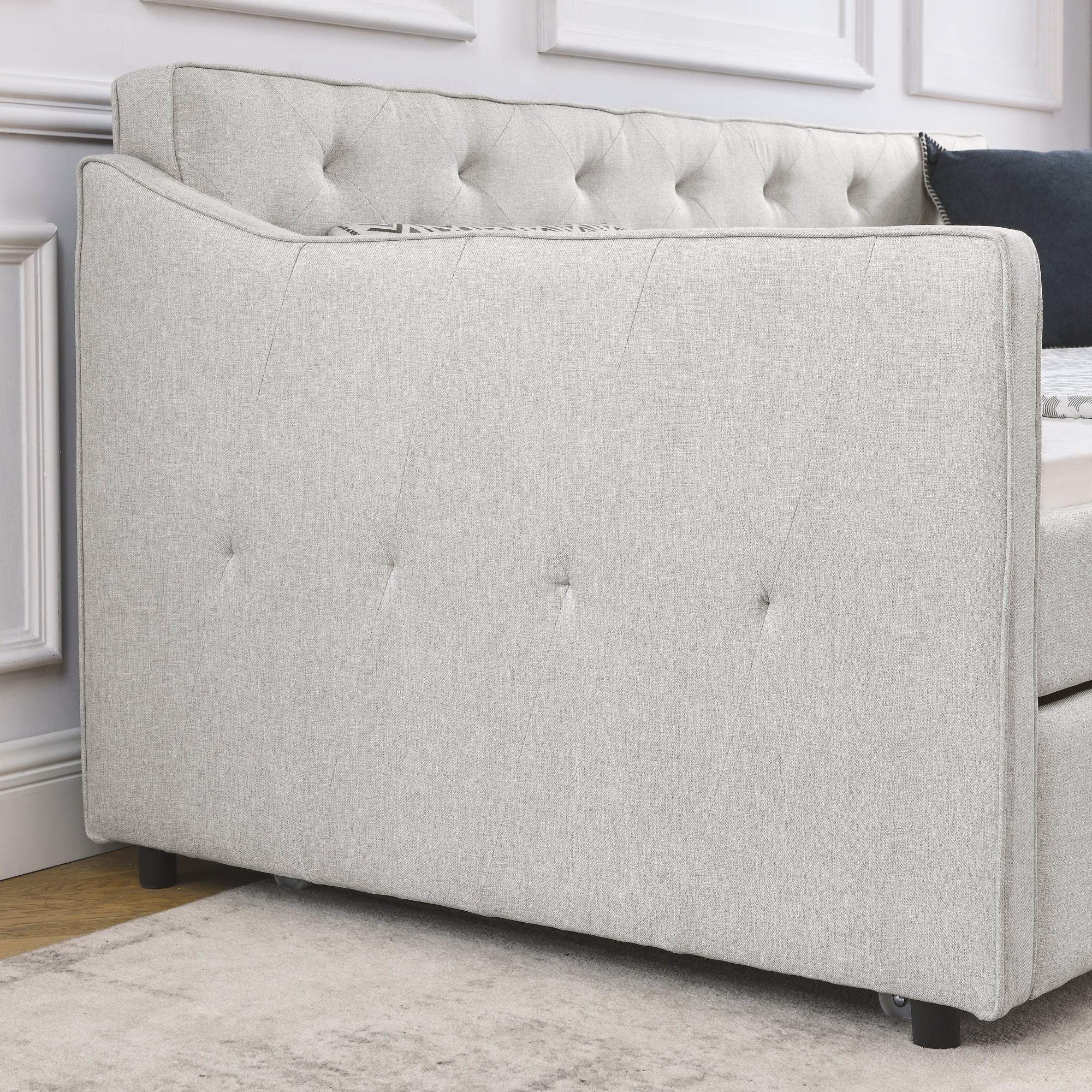 Twin Size Daybed with Twin Size Trundle Upholstered Tufted Sofa Bed,  Waved Shape Arms, Beige (80.5'x44.5'x33.5')