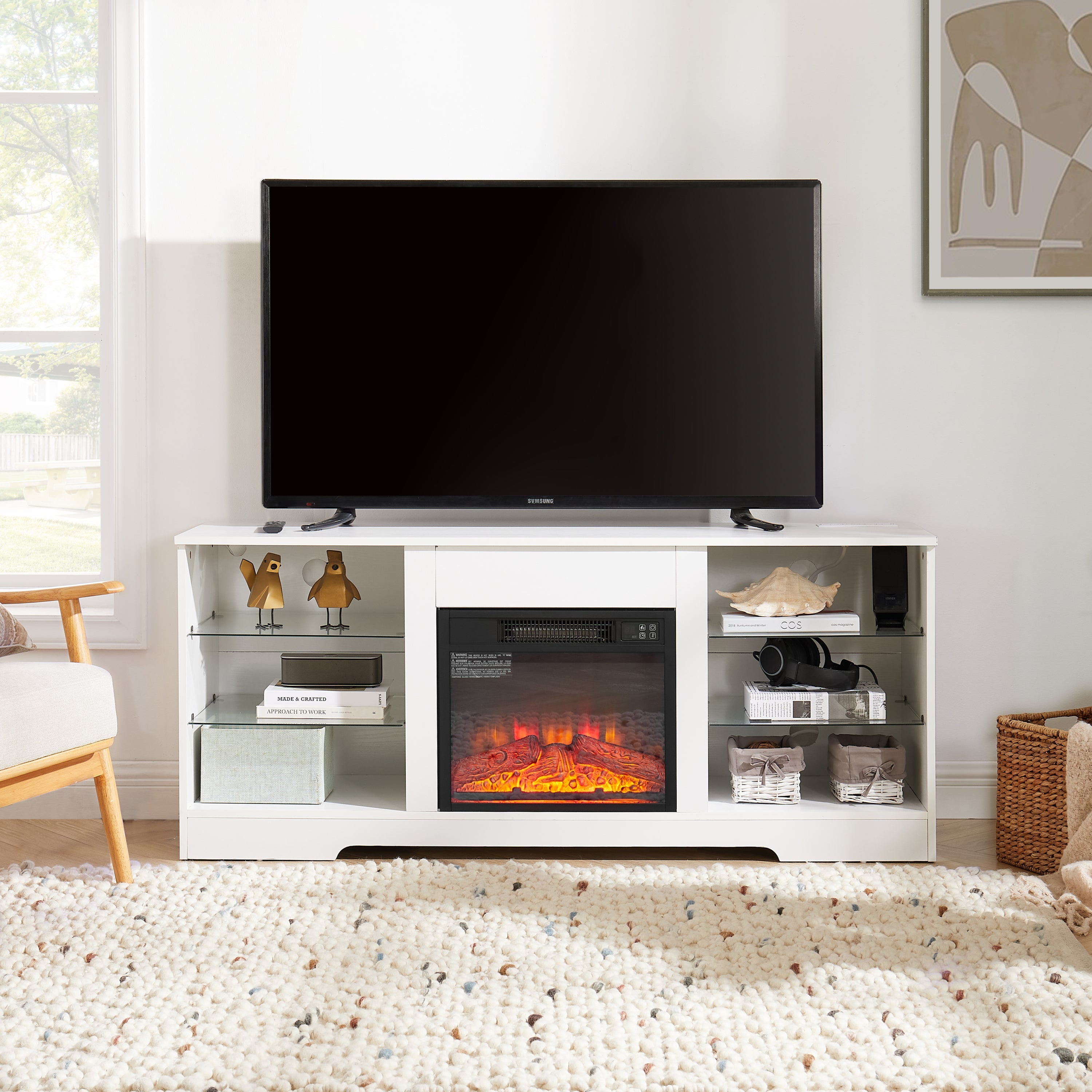 TV Stand Electric Fireplace  Glass Shelves, 3D Fireplace TV Stand with LED Lights Wood with USB Charging Outlet Modern Television Table Center for TV up to 62' White, 58''W*15.5''D*24.4