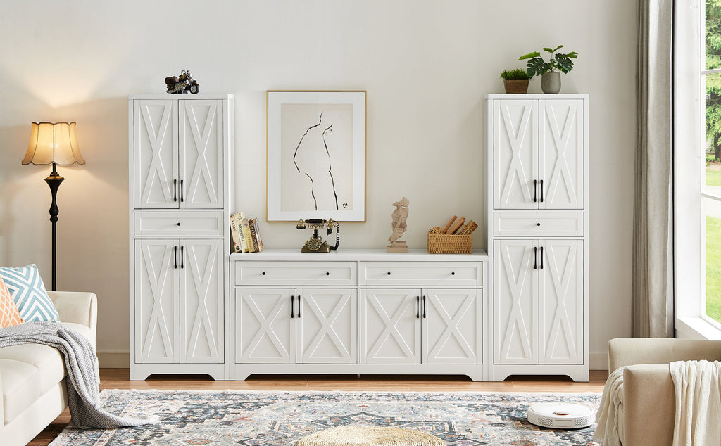 TV Cabinet Set Multifunctional TV Wall, One TV Cabinet and Two Sideboards for Living Room, White,  108.7''L x 15''W x 68''H.