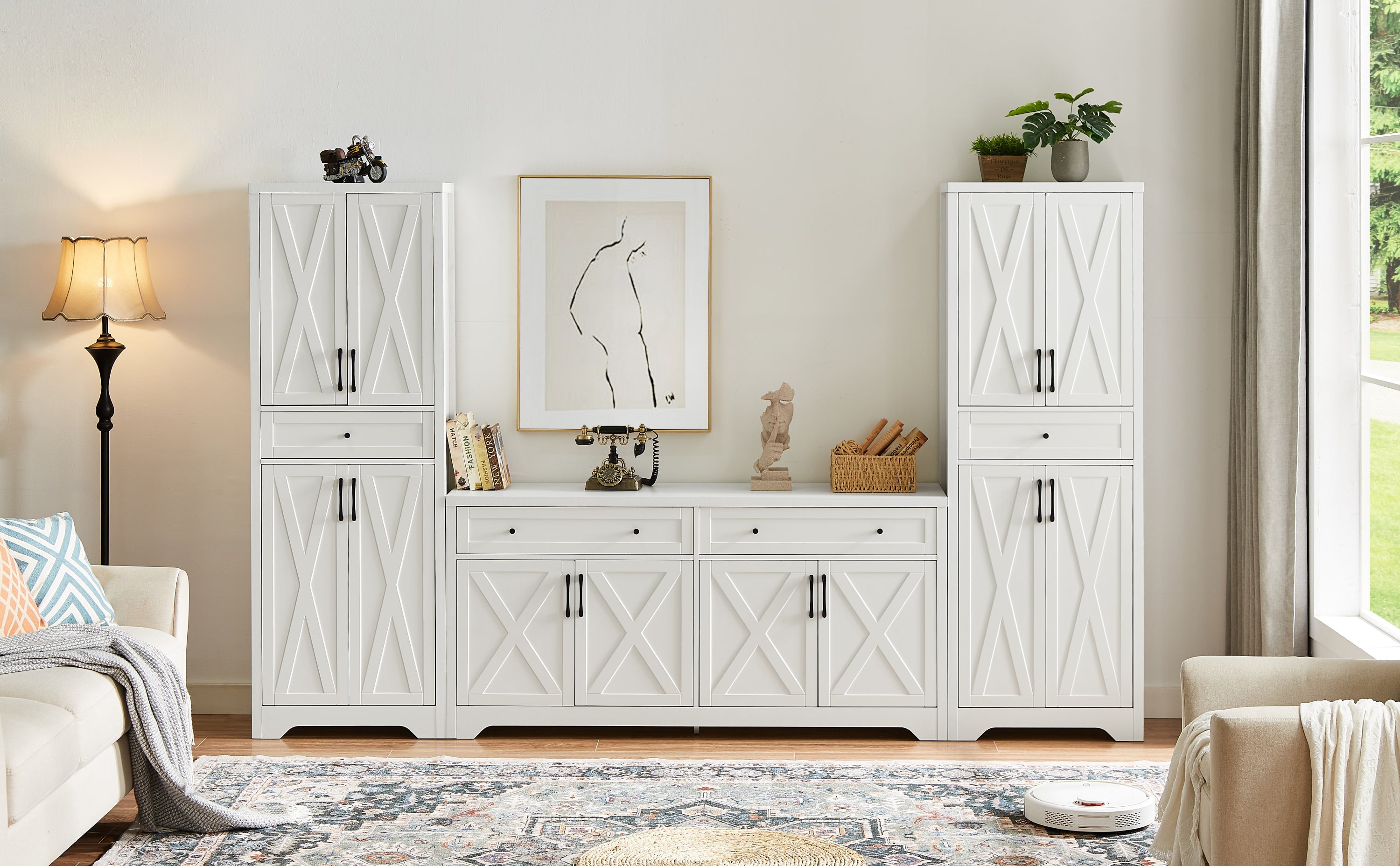 TV Cabinet Set Multifunctional TV Wall, One TV Cabinet and Two Sideboards for Living Room, White,  108.7''L x 15''W x 68''H.