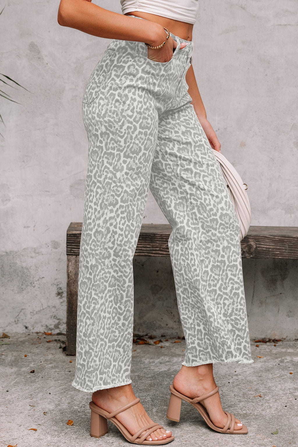 Leopard Frayed Edge High Waist Wide Leg Jeans