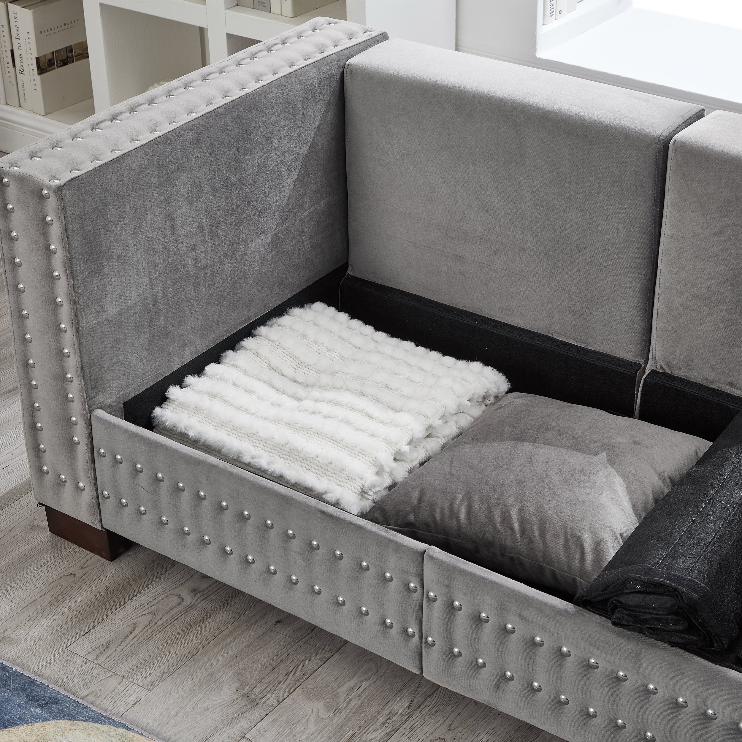 Modern Design Living Room Sofa 2+3 Seater Square armrest with Silver Nails Decoration Upholstered Velvet Couch Grey